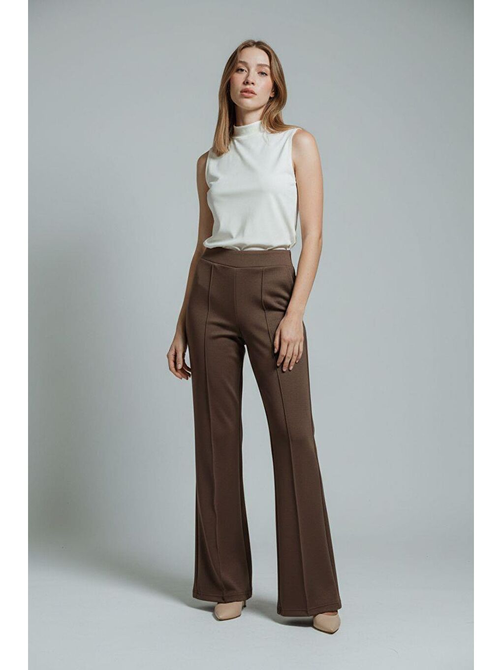 Kahverengi Yeşili Yüksek Bel Flare Paça Günlük Kadın Pantolon Mg2645-1