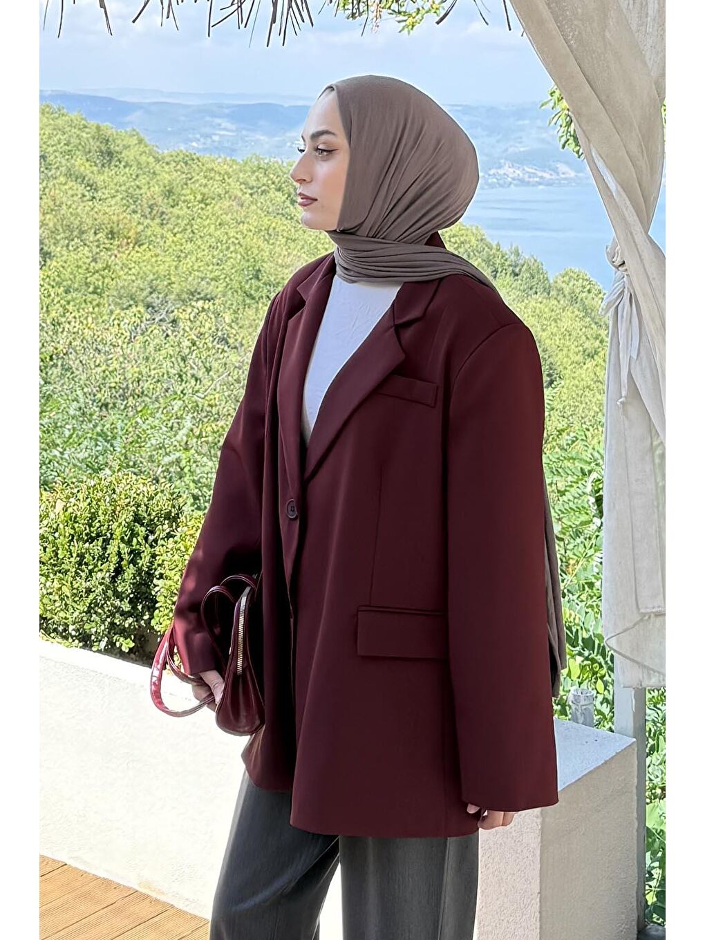 Dekoratif Cep Detaylı Tesettür Ceket Bordo-2