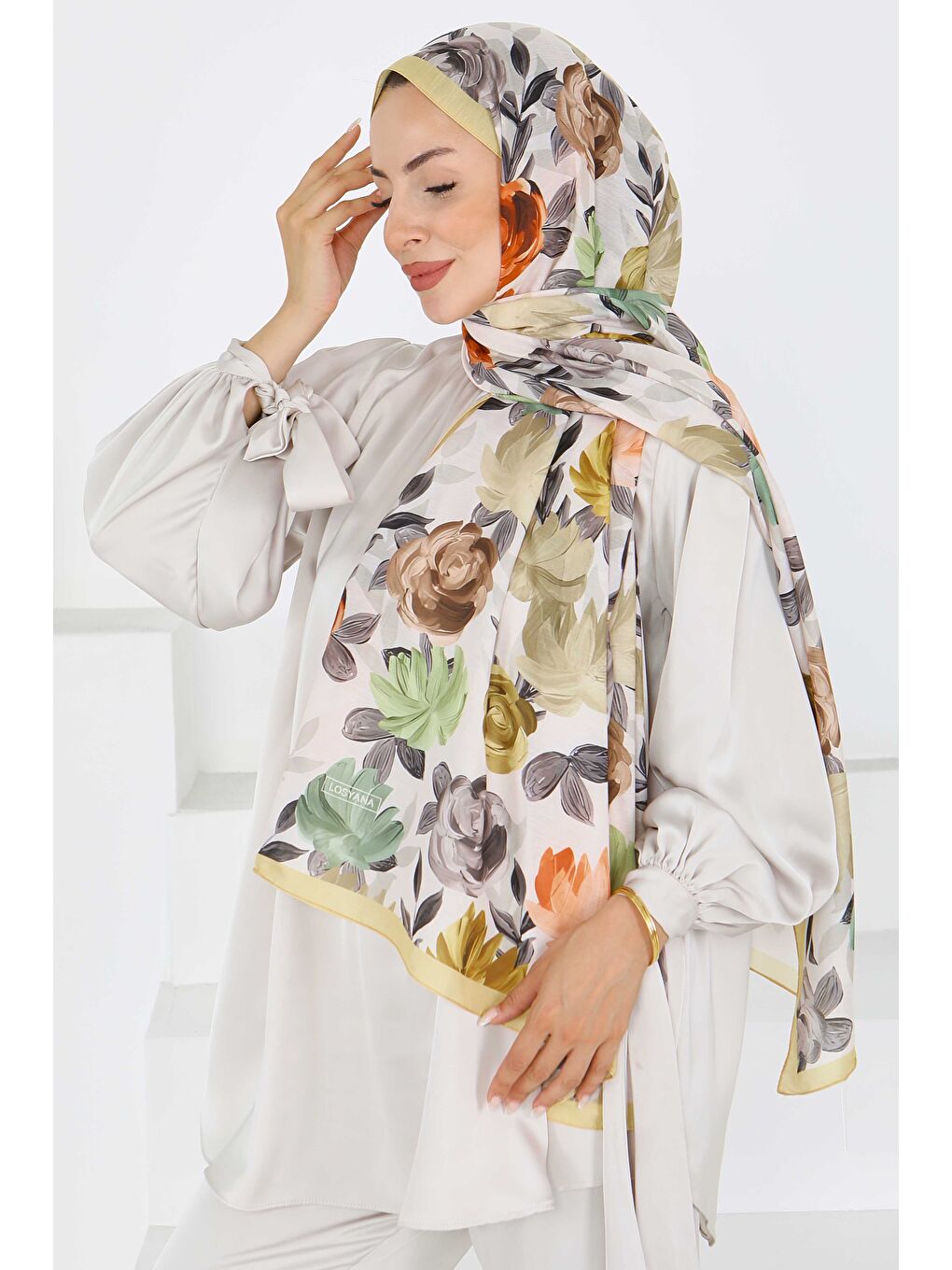 Sarı Flower Serisi Rose Lily Desenli Şal Hardal - 27594-2