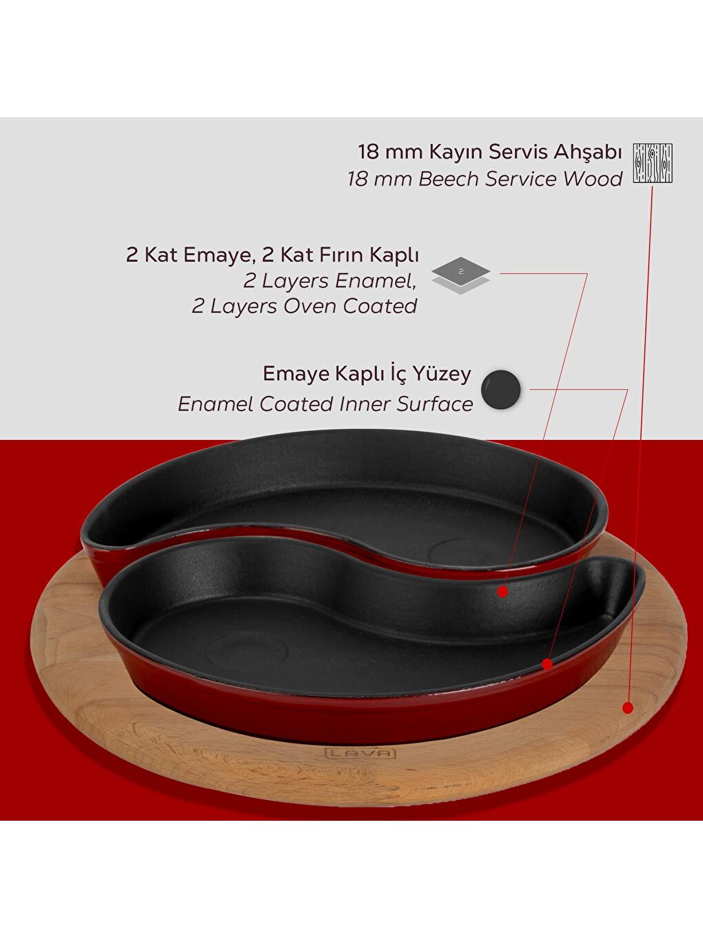 Bordo Damla Formlu 2'li Set Yingyang Fajita Tabağı Kayın Servis Ahşabı Ölçü 10x20cm.-5