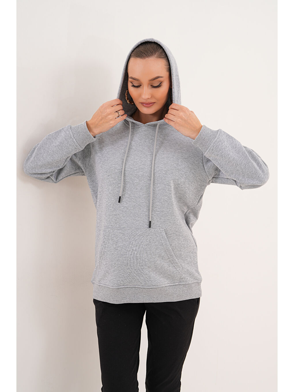 Gri %100 Pamuk Hamile ve Lohusa Basic Kapüşonlu Sweatshirt-6