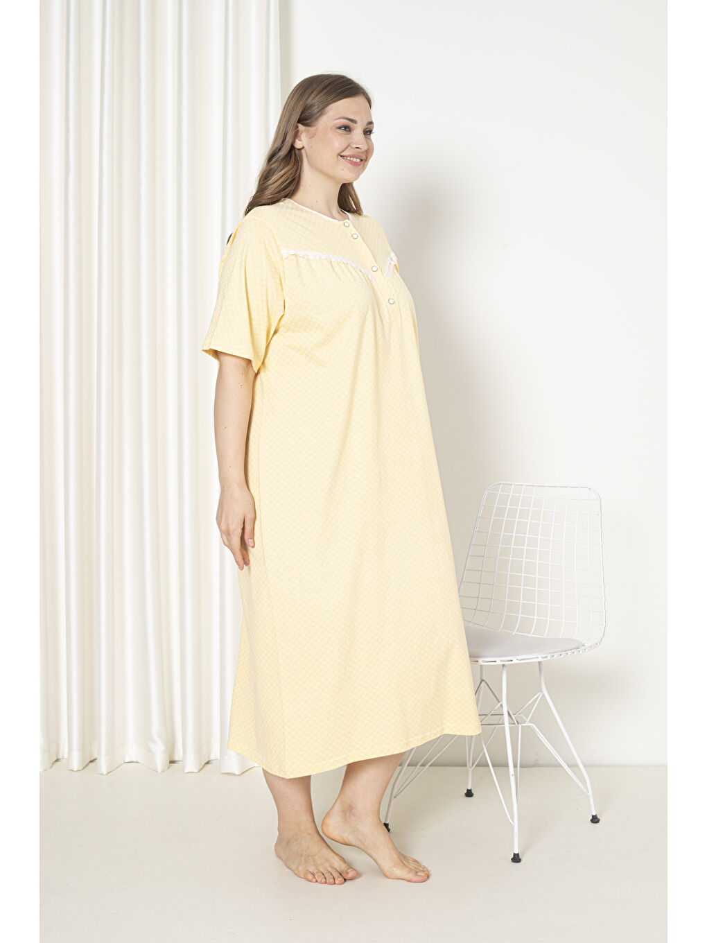 Sarı %100 Pamuklu Penye Kısa Kol Büyük Beden Anne Geceliği 051-2