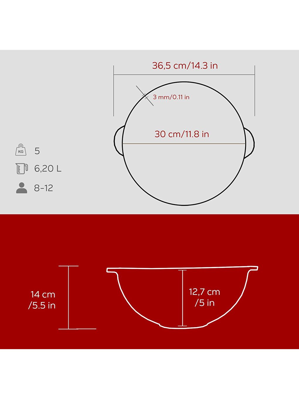 Bordo Yuvarlak Kazan / Tencere. Döküm Demir Yekpare Kulplu Çap(Ø)30cm.-4