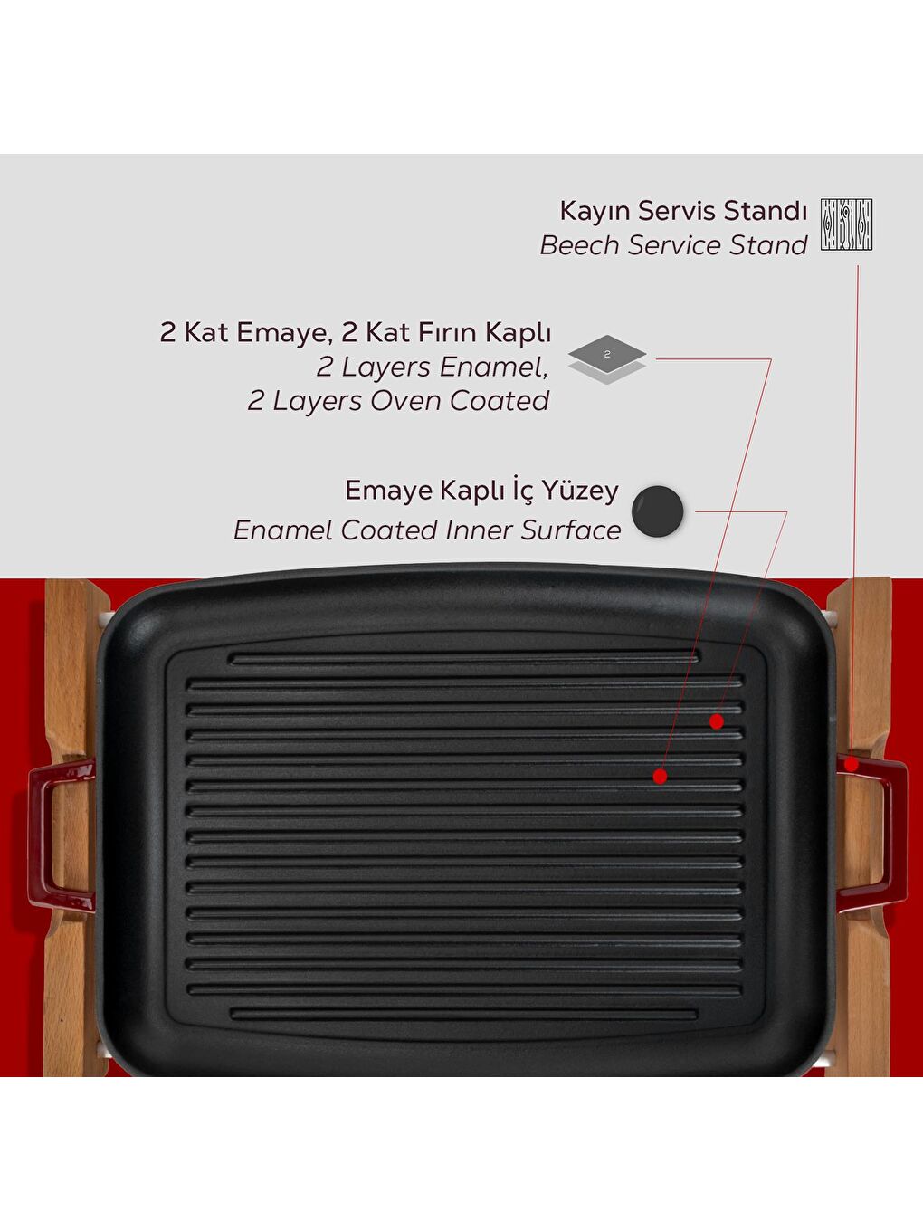 Bordo Dikdörtgen Izgara Tepsi Kayın Servis Ahşabı Döküm Demir Yekpare Çift Kulplu Ölçü 31x42cm.-5