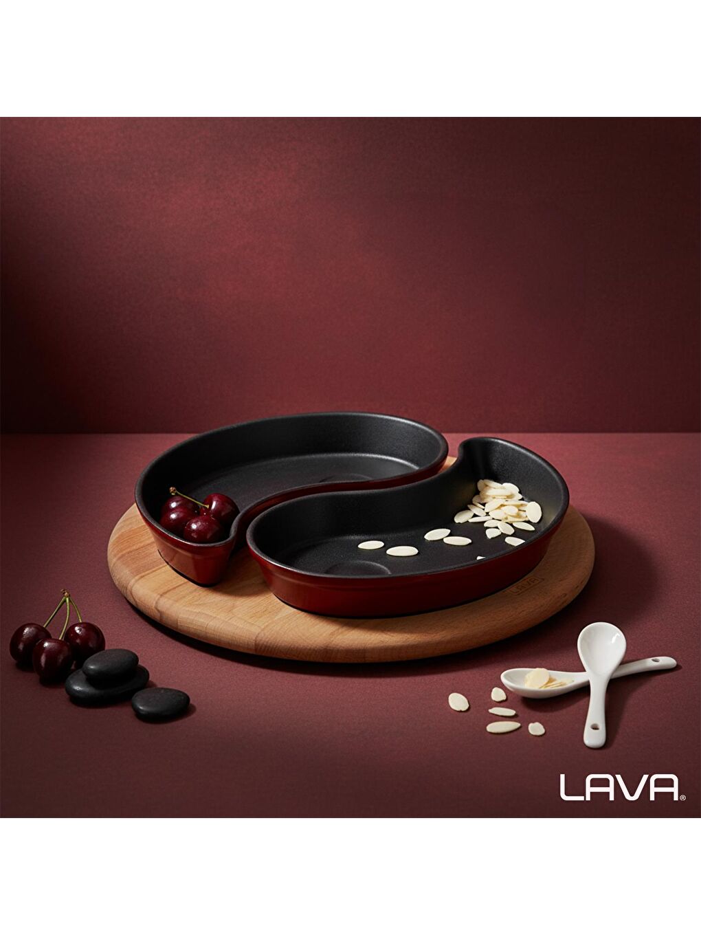 Bordo Damla Formlu 2'li Set Yingyang Fajita Tabağı Kayın Servis Ahşabı Ölçü 10x20cm.-6