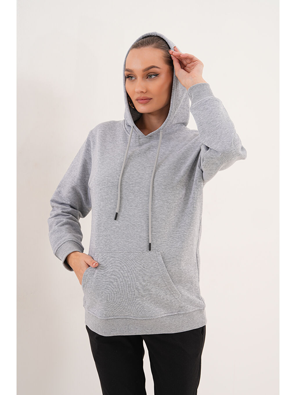 Gri %100 Pamuk Hamile ve Lohusa Basic Kapüşonlu Sweatshirt-7