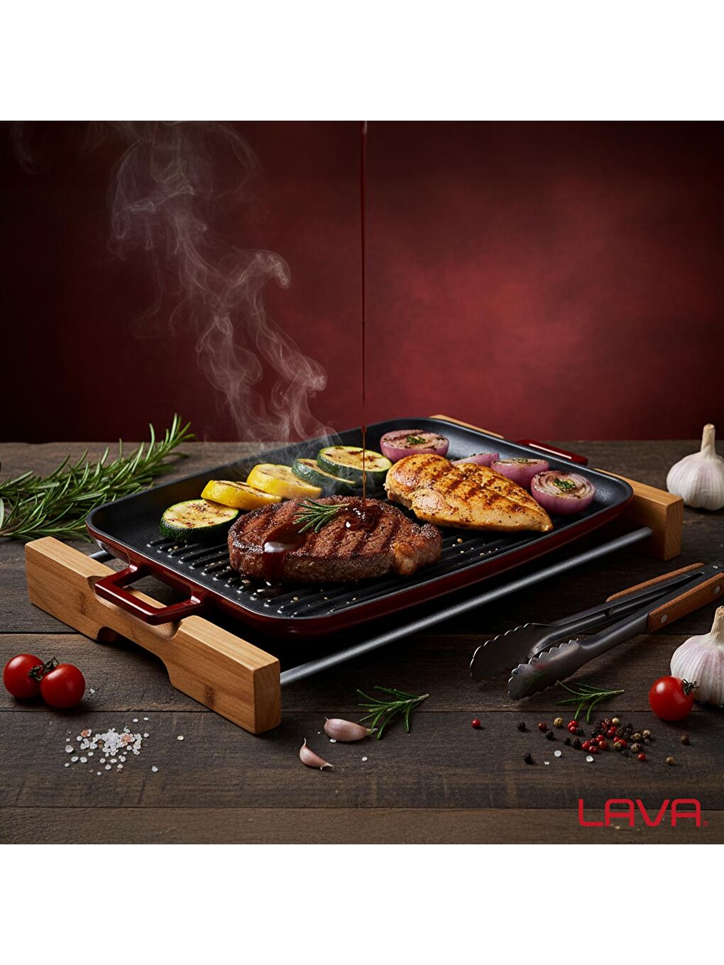 Bordo Dikdörtgen Izgara Tepsi Kayın Servis Ahşabı Döküm Demir Yekpare Çift Kulplu Ölçü 31x42cm.-6