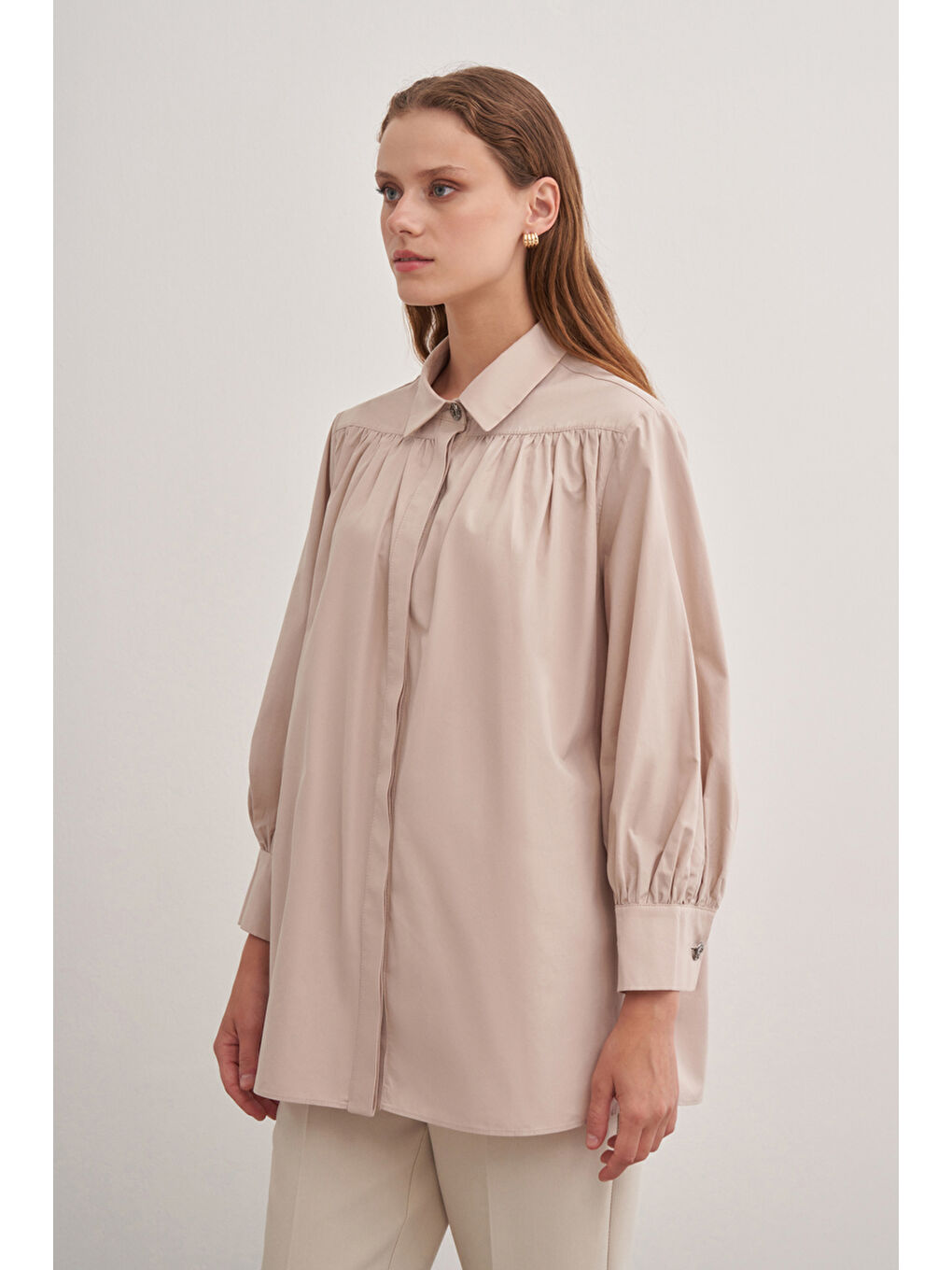 Bej 2233111 Gömlek Yaka Pamuk Bluz-2