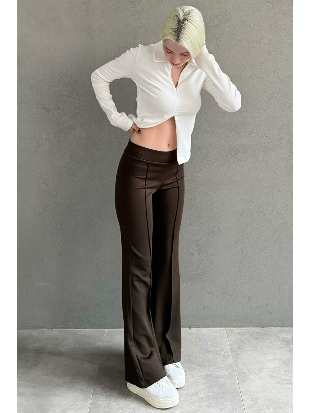 Kahverengi Yeşili Yüksek Bel Flare Paça Günlük Kadın Pantolon Mg2645-4