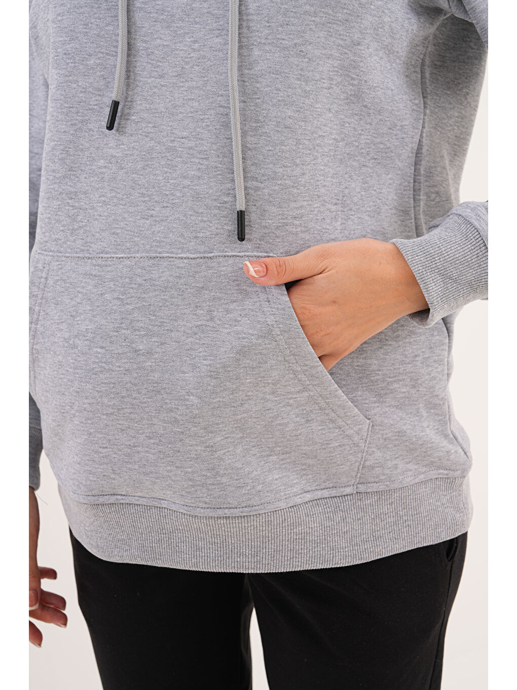 Gri %100 Pamuk Hamile ve Lohusa Basic Kapüşonlu Sweatshirt-8