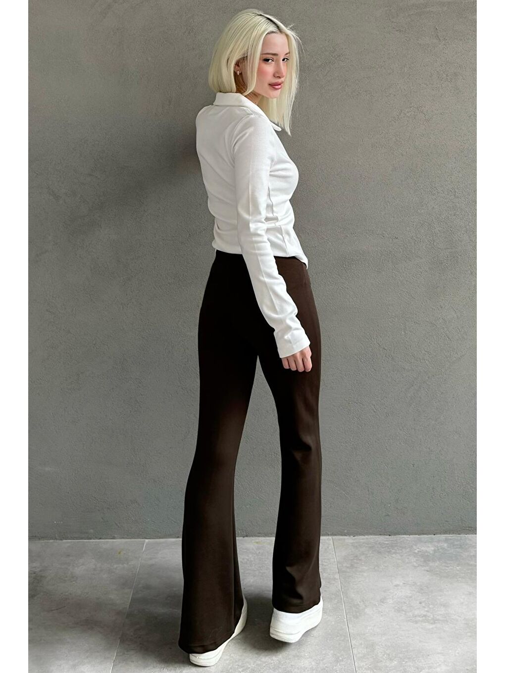 Kahverengi Yeşili Yüksek Bel Flare Paça Günlük Kadın Pantolon Mg2645-5