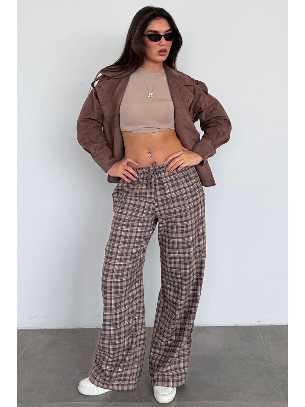 Kahverengi Lastikli Bel Geniş Paça Ekose Pantolon Mg2658-1