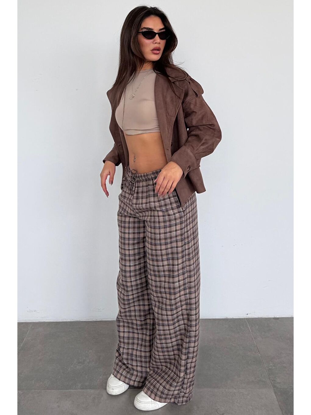 Kahverengi Lastikli Bel Geniş Paça Ekose Pantolon Mg2658-2