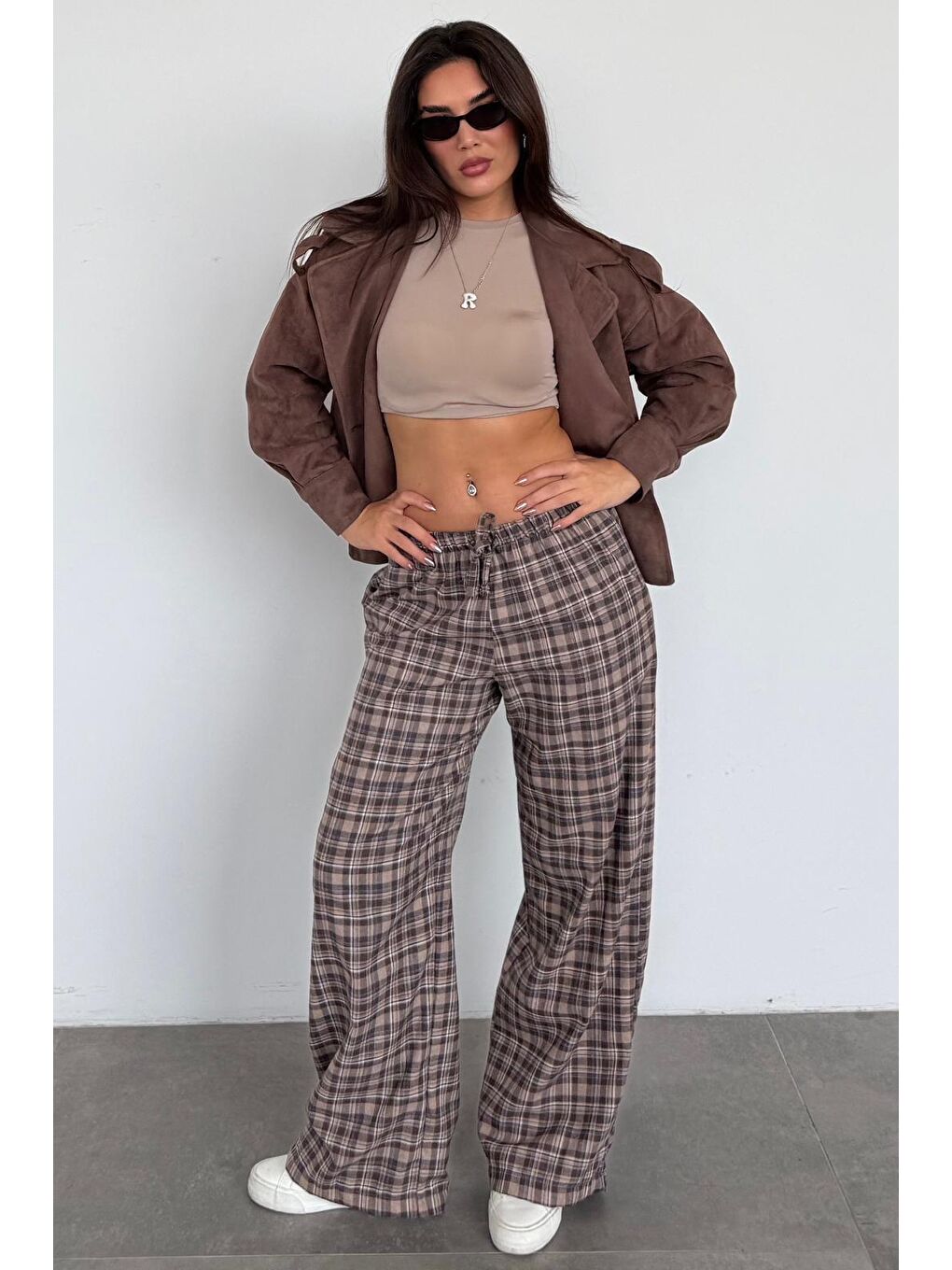 Kahverengi Lastikli Bel Geniş Paça Ekose Pantolon Mg2658-3