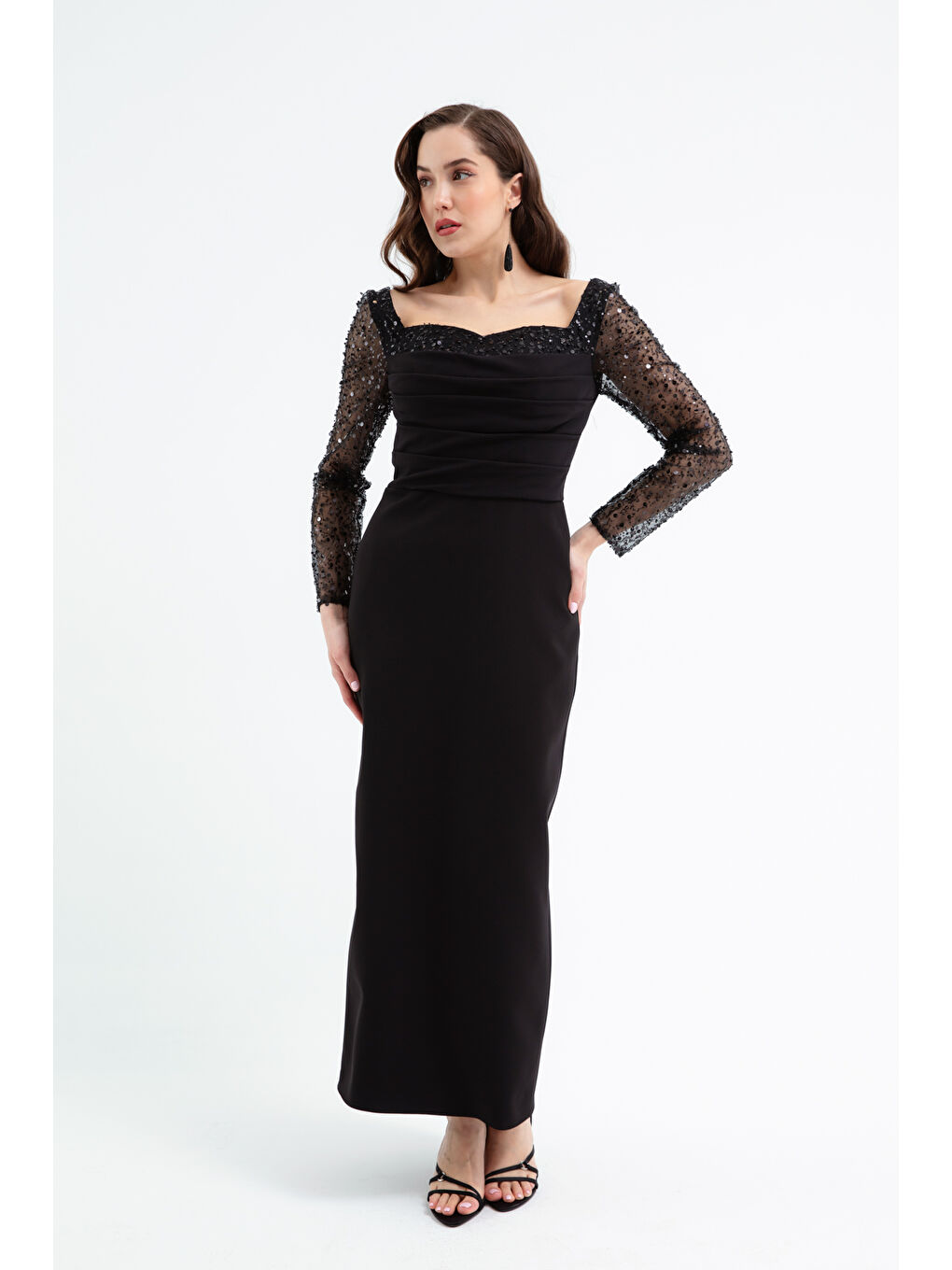 Kadın Siyah Kalp Yaka Kolları Payetli Midi Söz Nişan Nikah Abiye Elbise-1