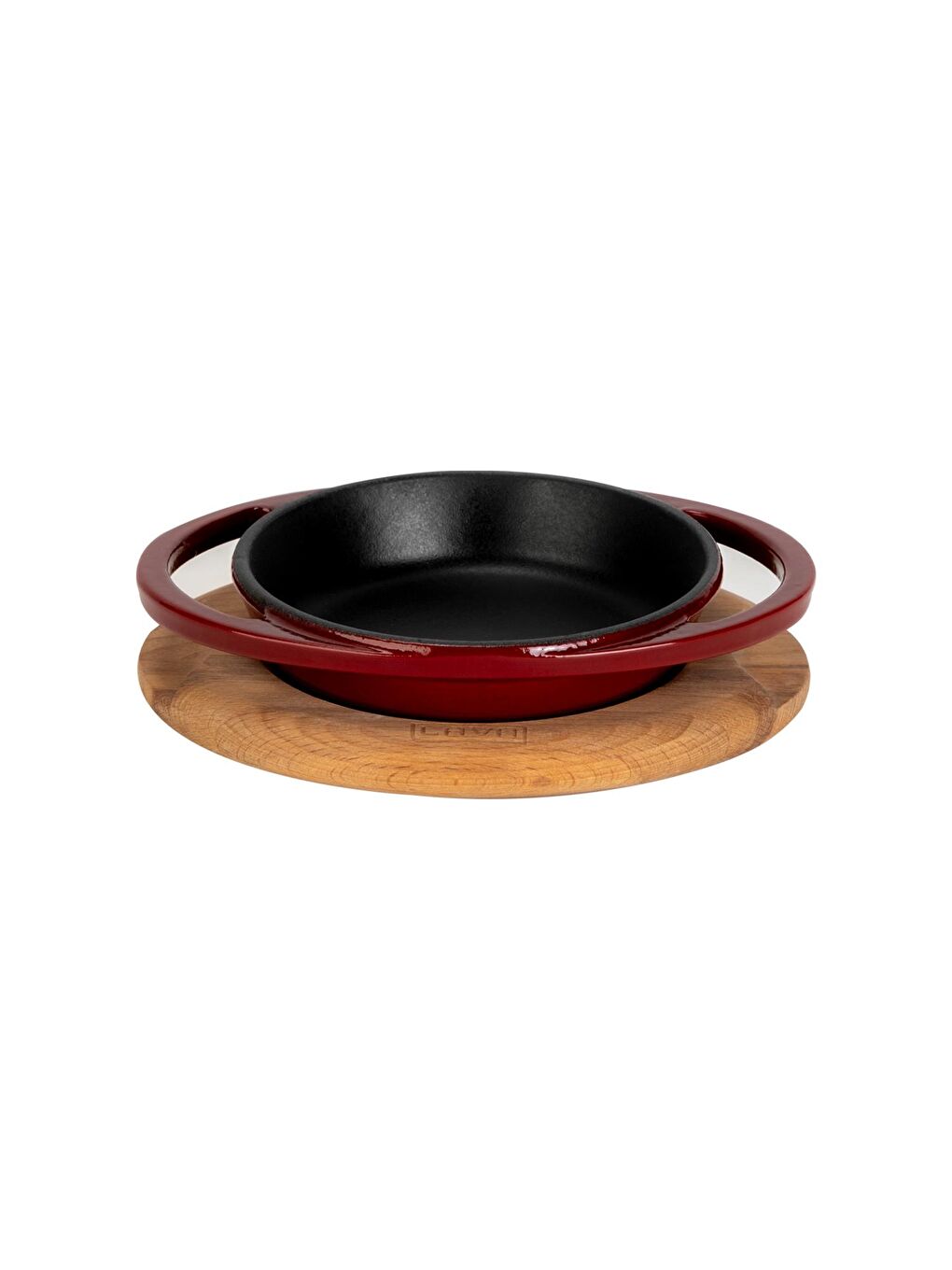 Bordo Yuvarlak Sahan Döküm Demir Yekpare Çift Kulplu Kayın Servis Ahşabı Çap(Ø)12cm.