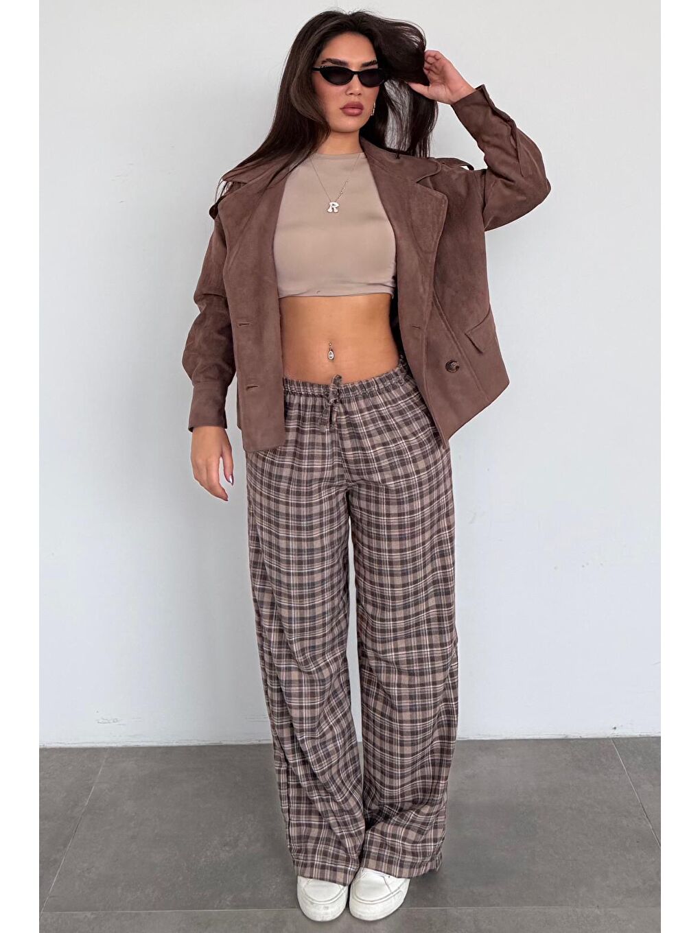 Kahverengi Lastikli Bel Geniş Paça Ekose Pantolon Mg2658-4