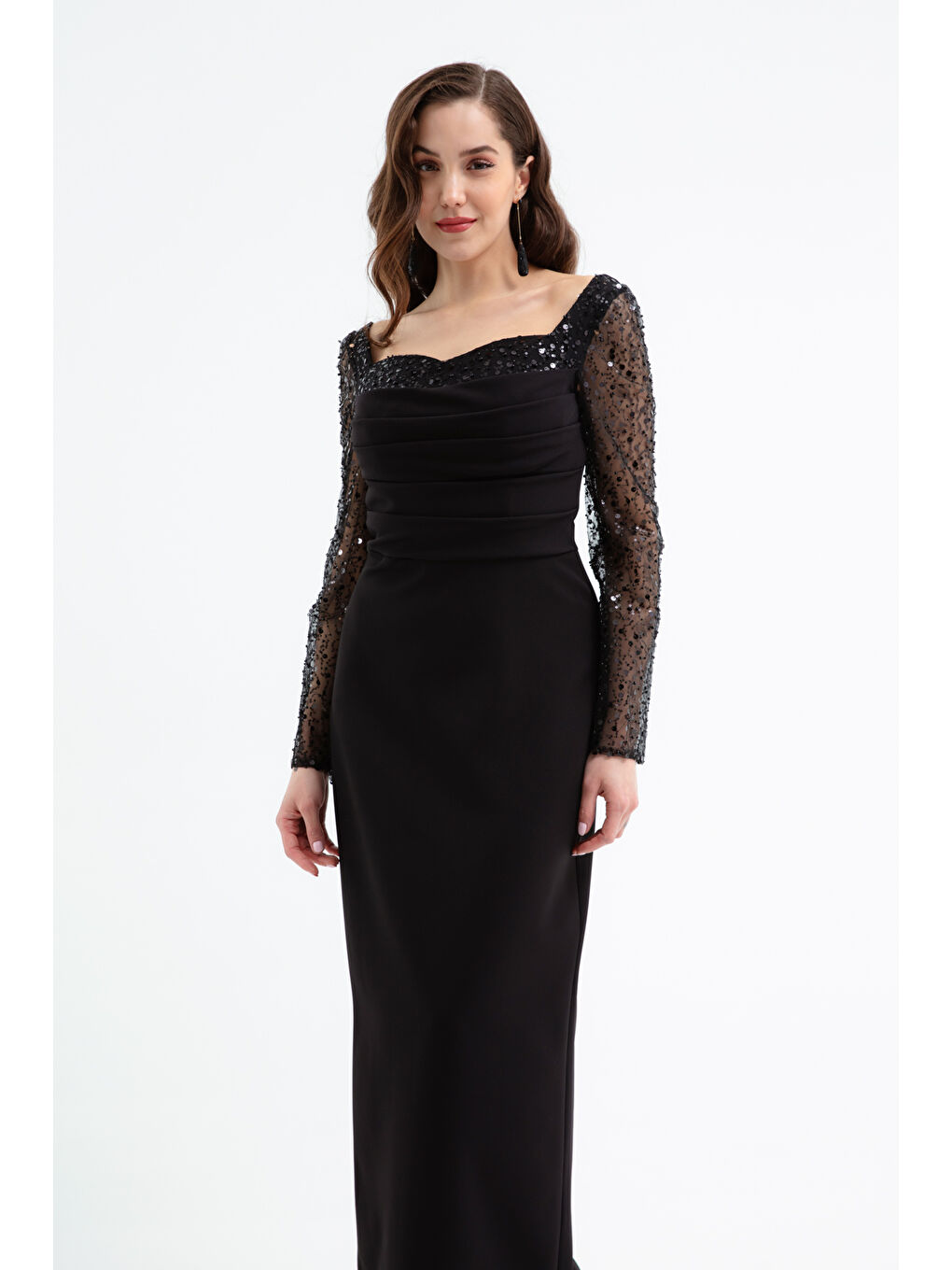 Kadın Siyah Kalp Yaka Kolları Payetli Midi Söz Nişan Nikah Abiye Elbise-2