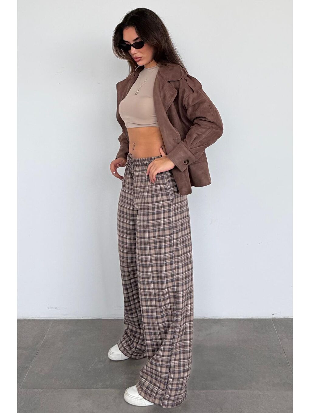 Kahverengi Lastikli Bel Geniş Paça Ekose Pantolon Mg2658-5