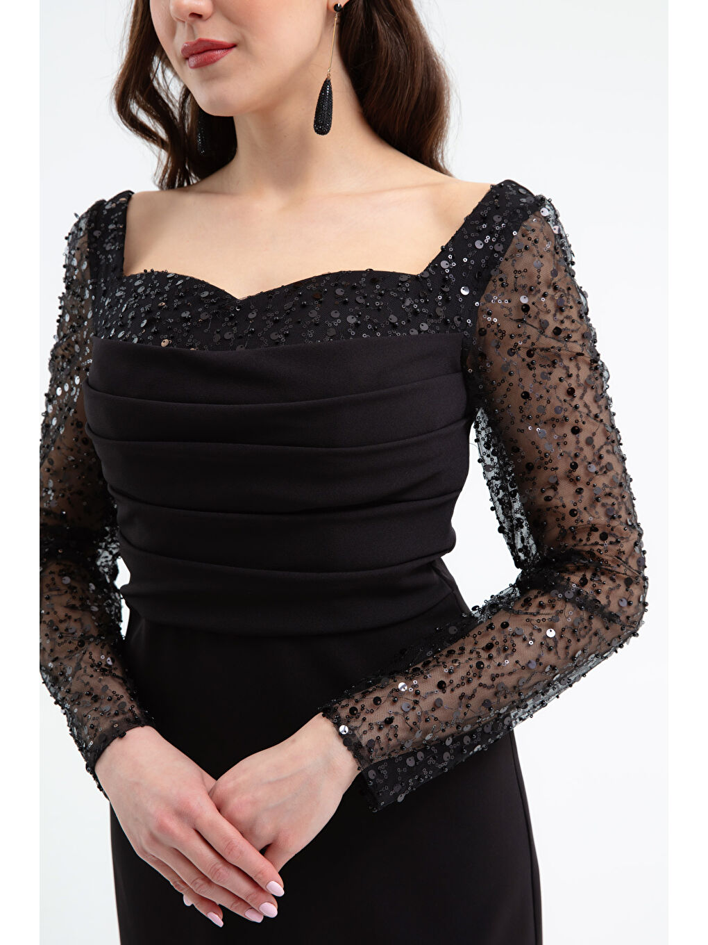 Kadın Siyah Kalp Yaka Kolları Payetli Midi Söz Nişan Nikah Abiye Elbise-3