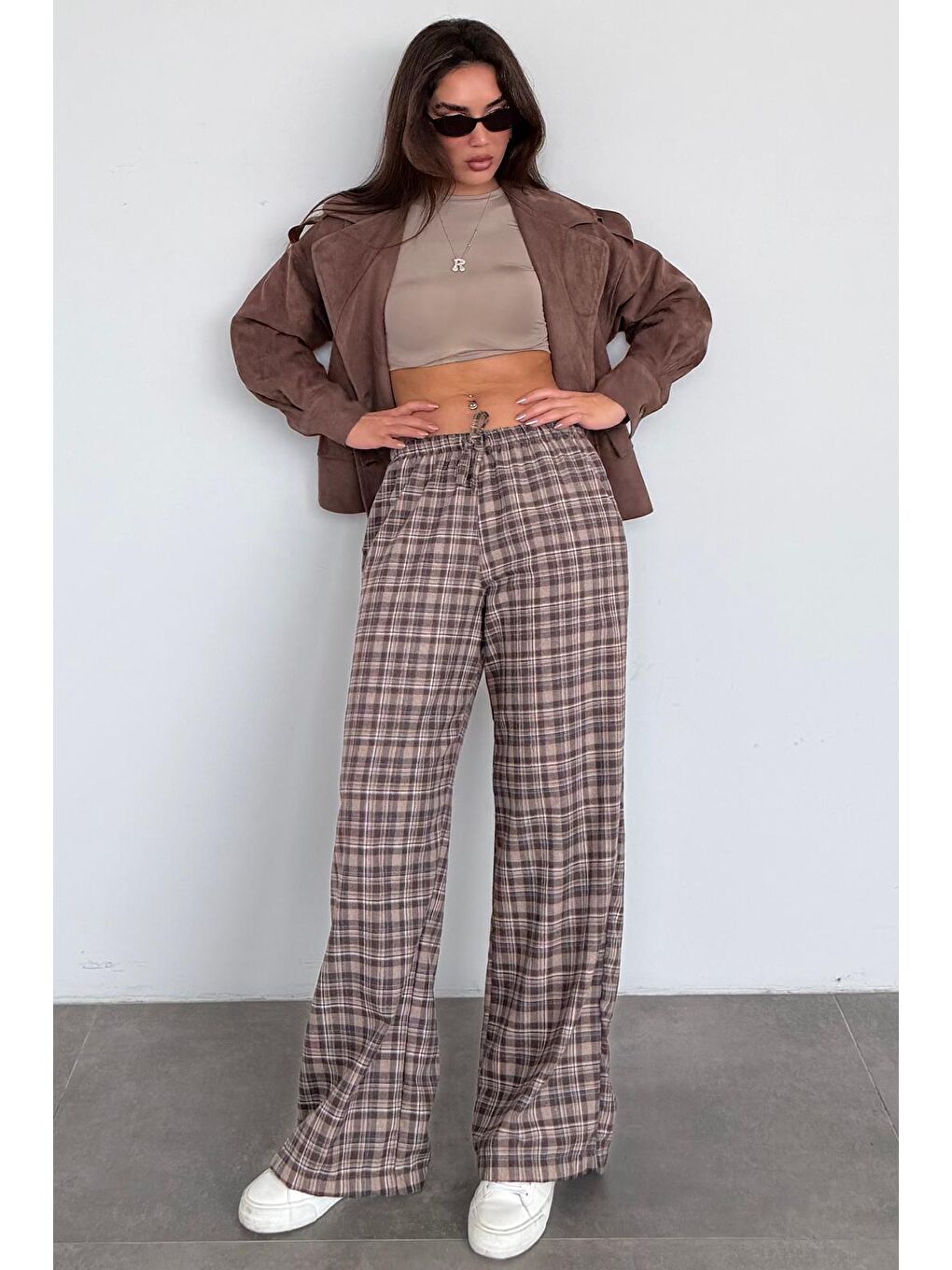 Kahverengi Lastikli Bel Geniş Paça Ekose Pantolon Mg2658-6