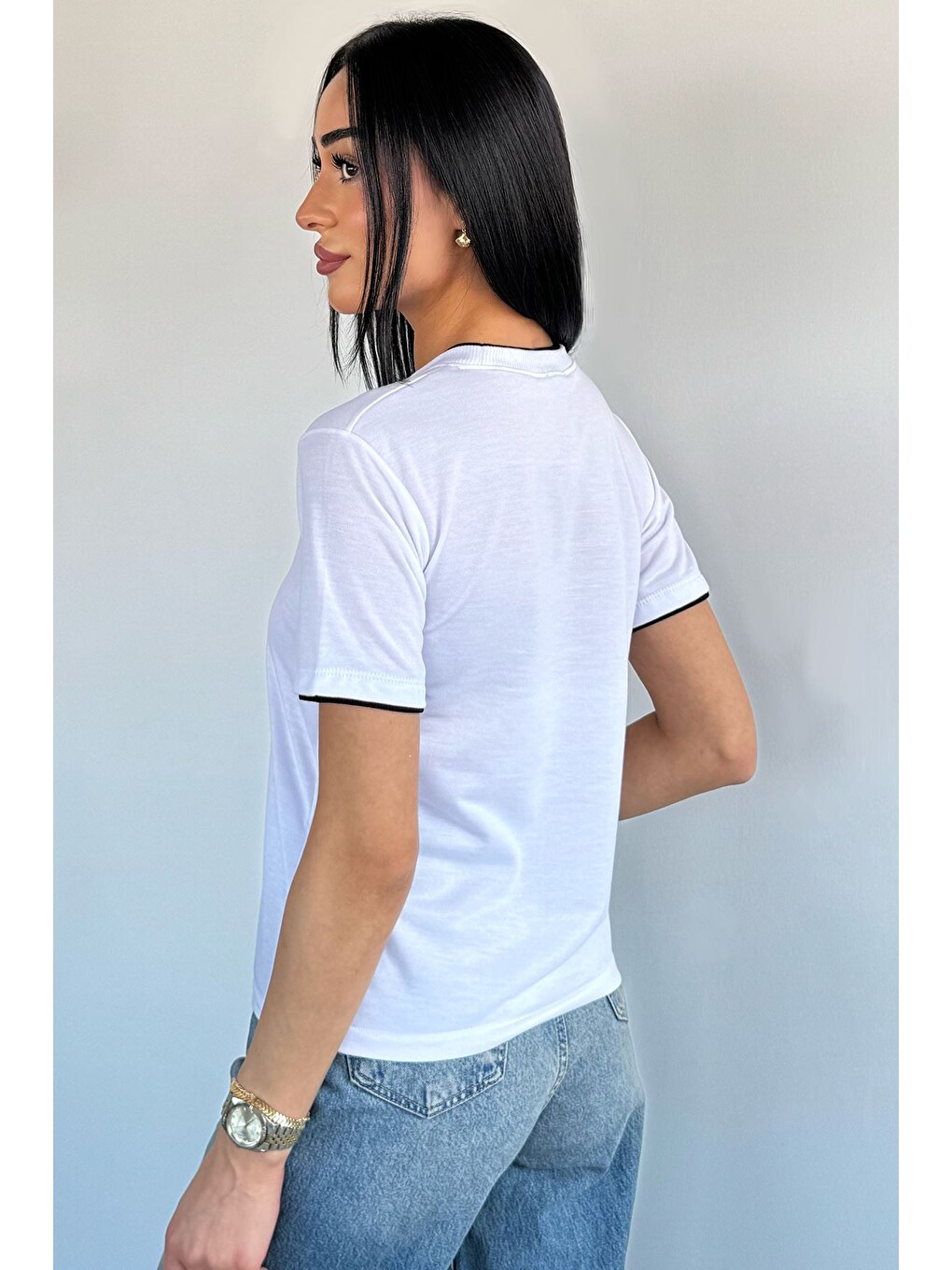Beyaz Kadın Çift Yaka Basic Tişört-3