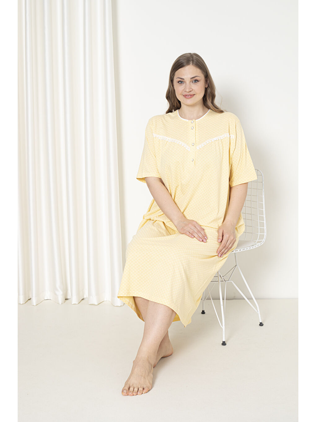 Sarı %100 Pamuklu Penye Kısa Kol Büyük Beden Anne Geceliği 051-3