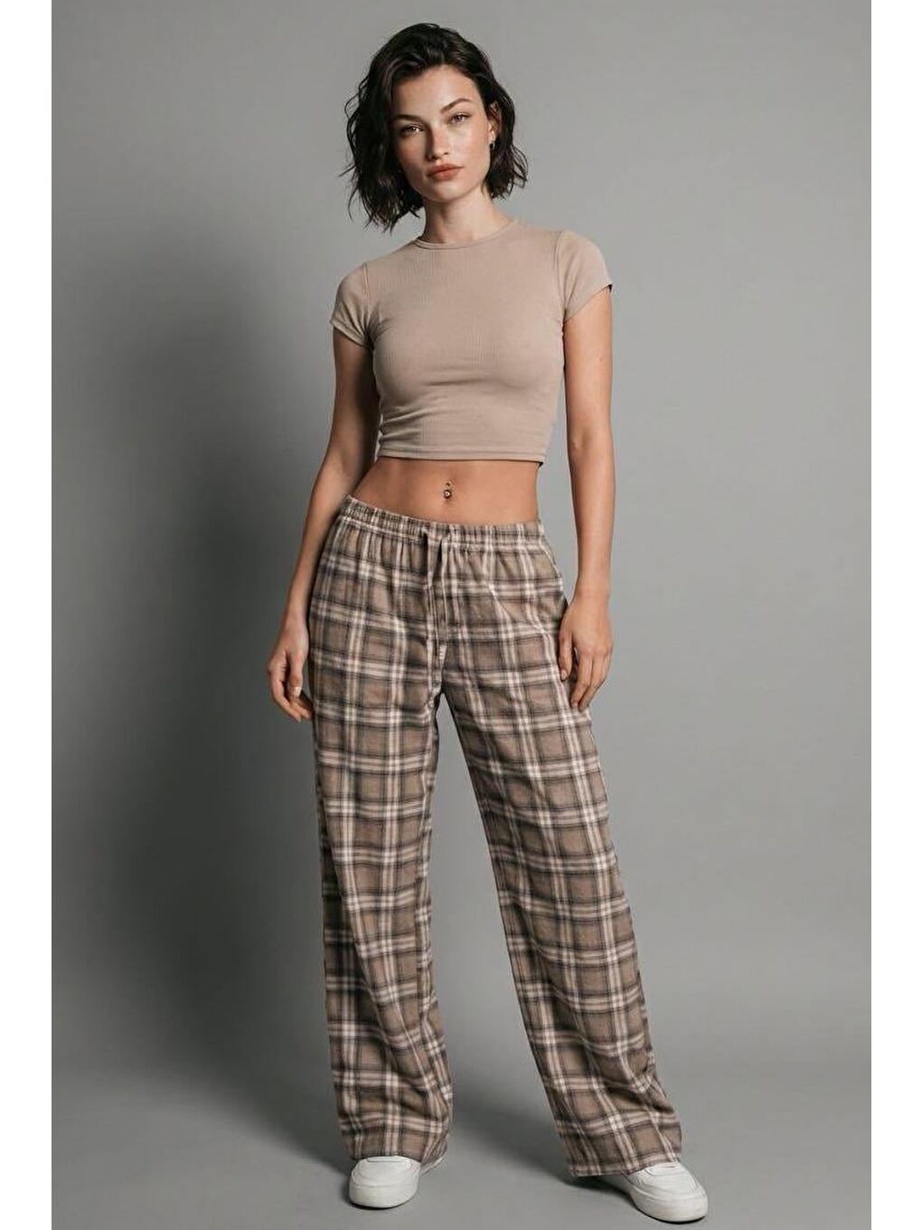 Bej Lastikli Bel Geniş Paça Ekose Pantolon Mg2658