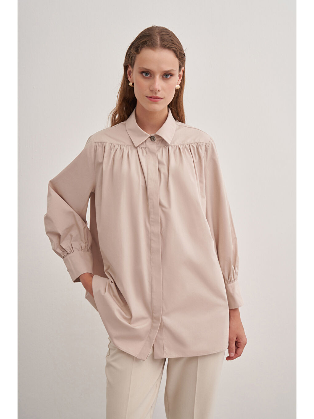 Bej 2233111 Gömlek Yaka Pamuk Bluz-4