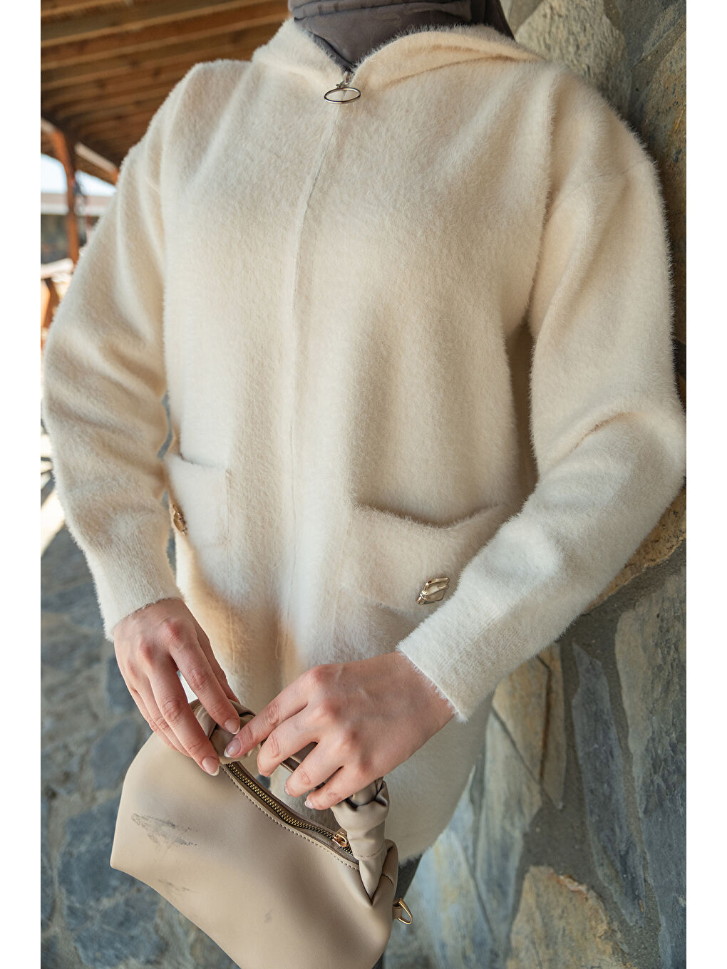 Kadın Fermuarlı Triko Ceket Bej-4