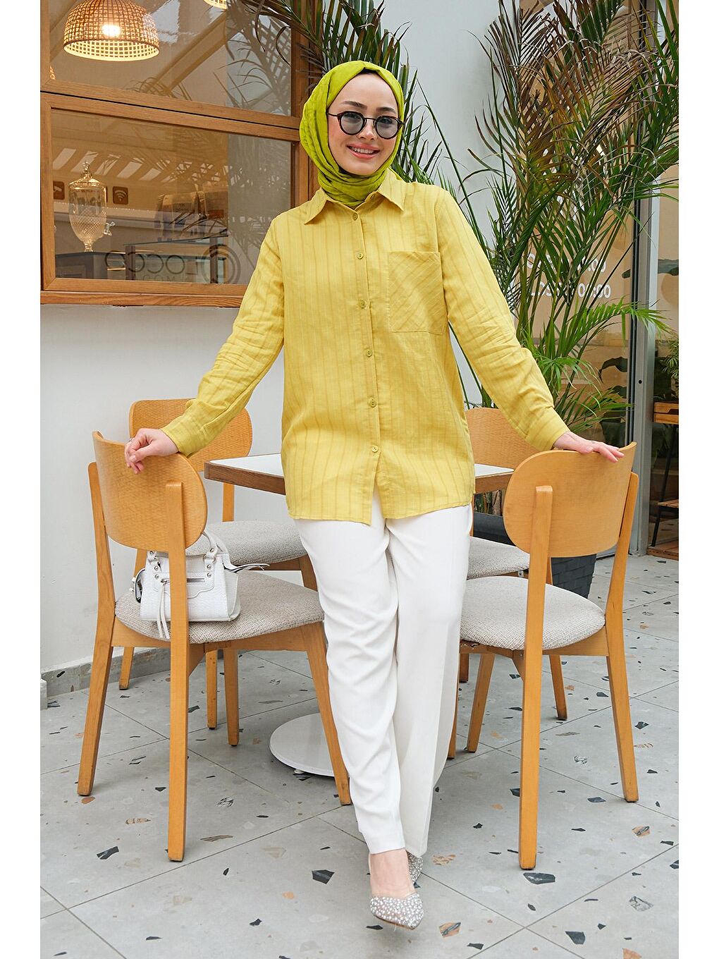 Sarı Tek Cepli Çizgili Gömlek Hardal-1