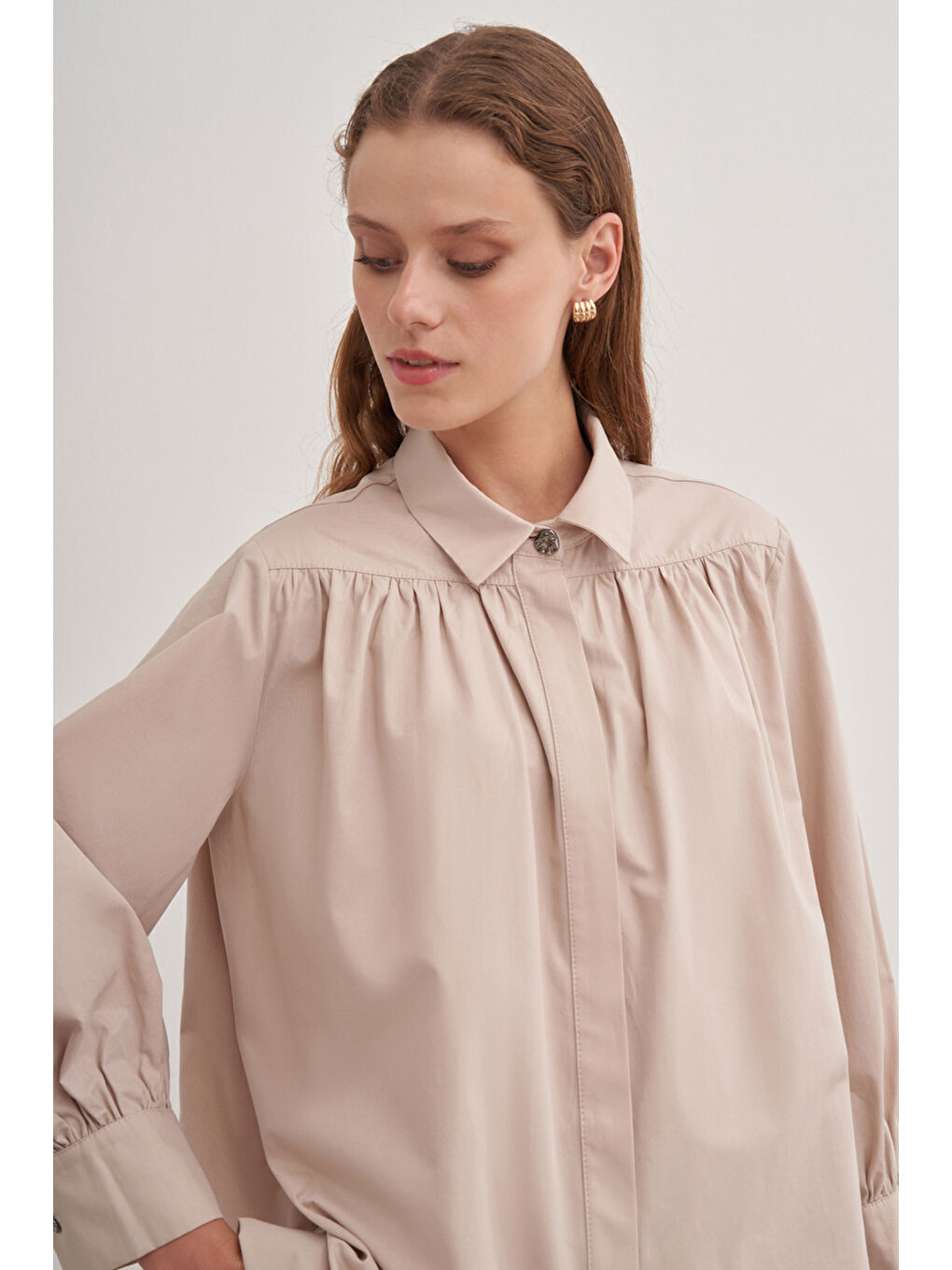 Bej 2233111 Gömlek Yaka Pamuk Bluz-5