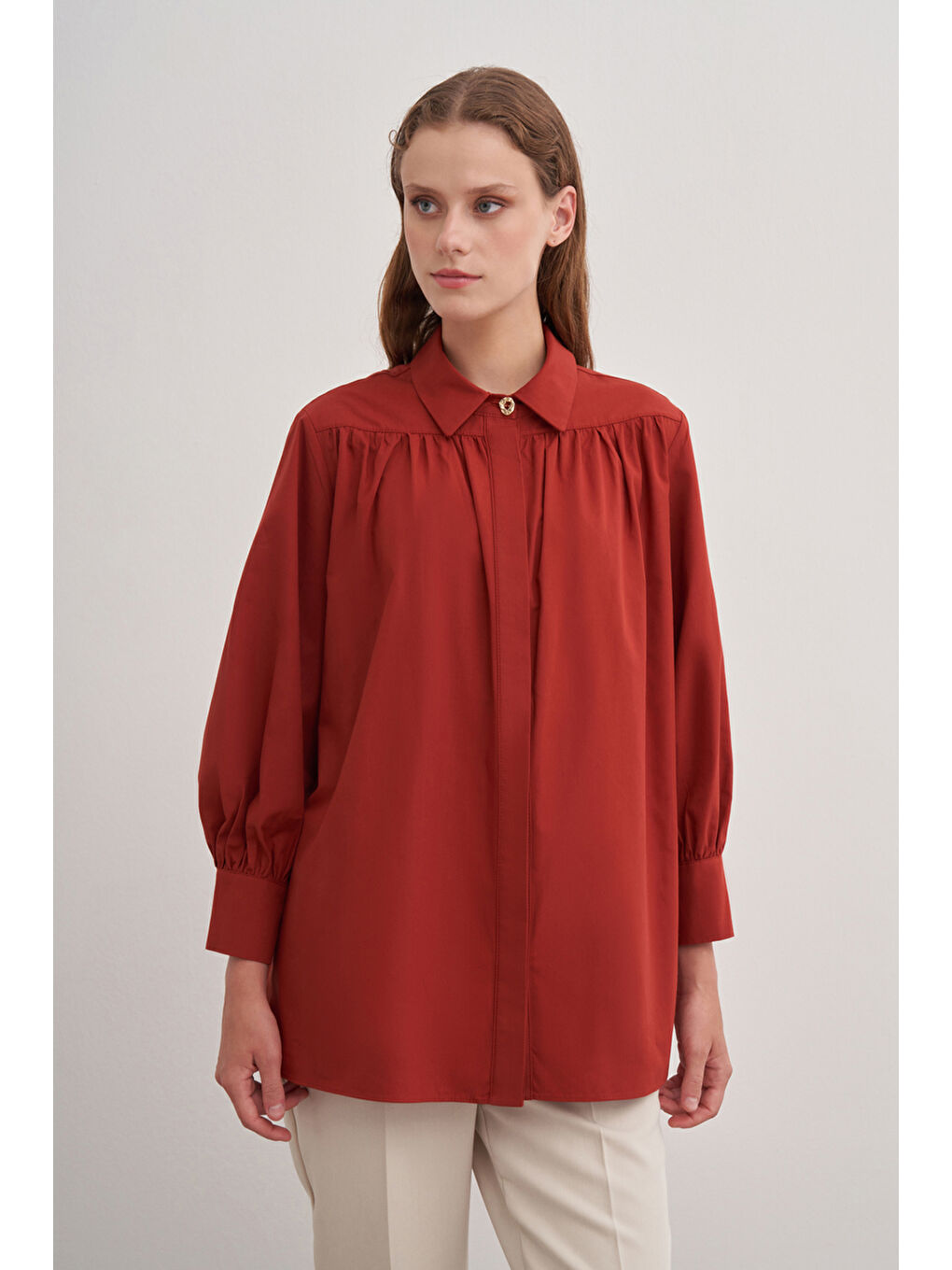 Turuncu 2233111 Gömlek Yaka Pamuk Bluz-1