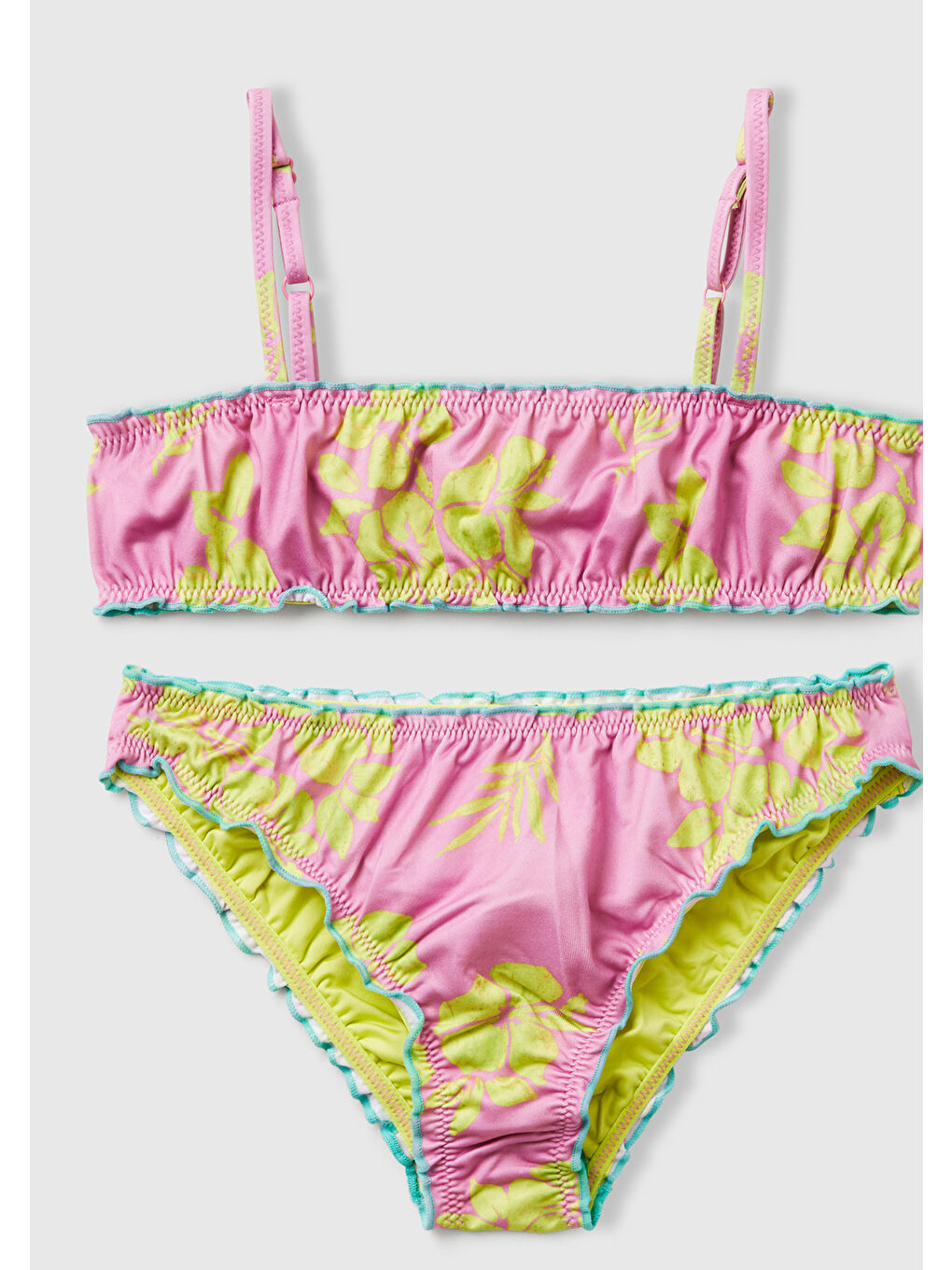 Kız Çocuk Pembe Desenli Fırfır Detaylı Ayarlanabilir Askılı Bikini Takımı