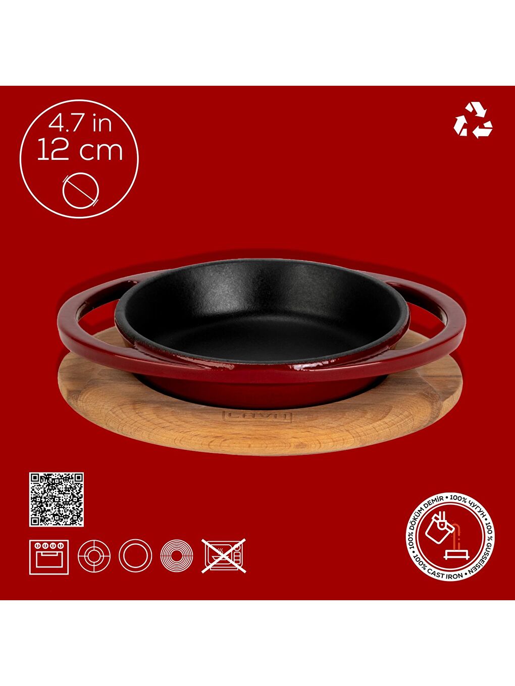 Bordo Yuvarlak Sahan Döküm Demir Yekpare Çift Kulplu Kayın Servis Ahşabı Çap(Ø)12cm.-3