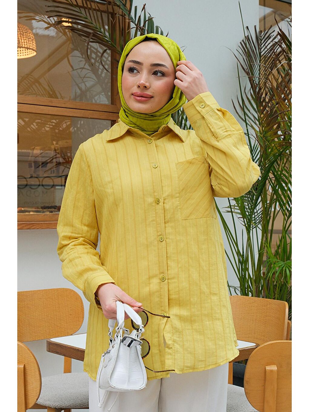 Sarı Tek Cepli Çizgili Gömlek Hardal-2