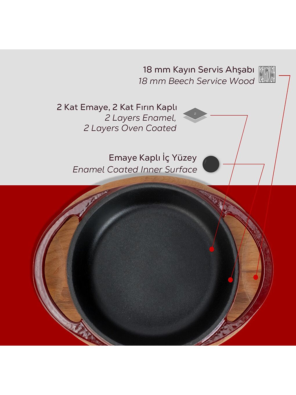 Bordo Yuvarlak Sahan Döküm Demir Yekpare Çift Kulplu Kayın Servis Ahşabı Çap(Ø)12cm.-5