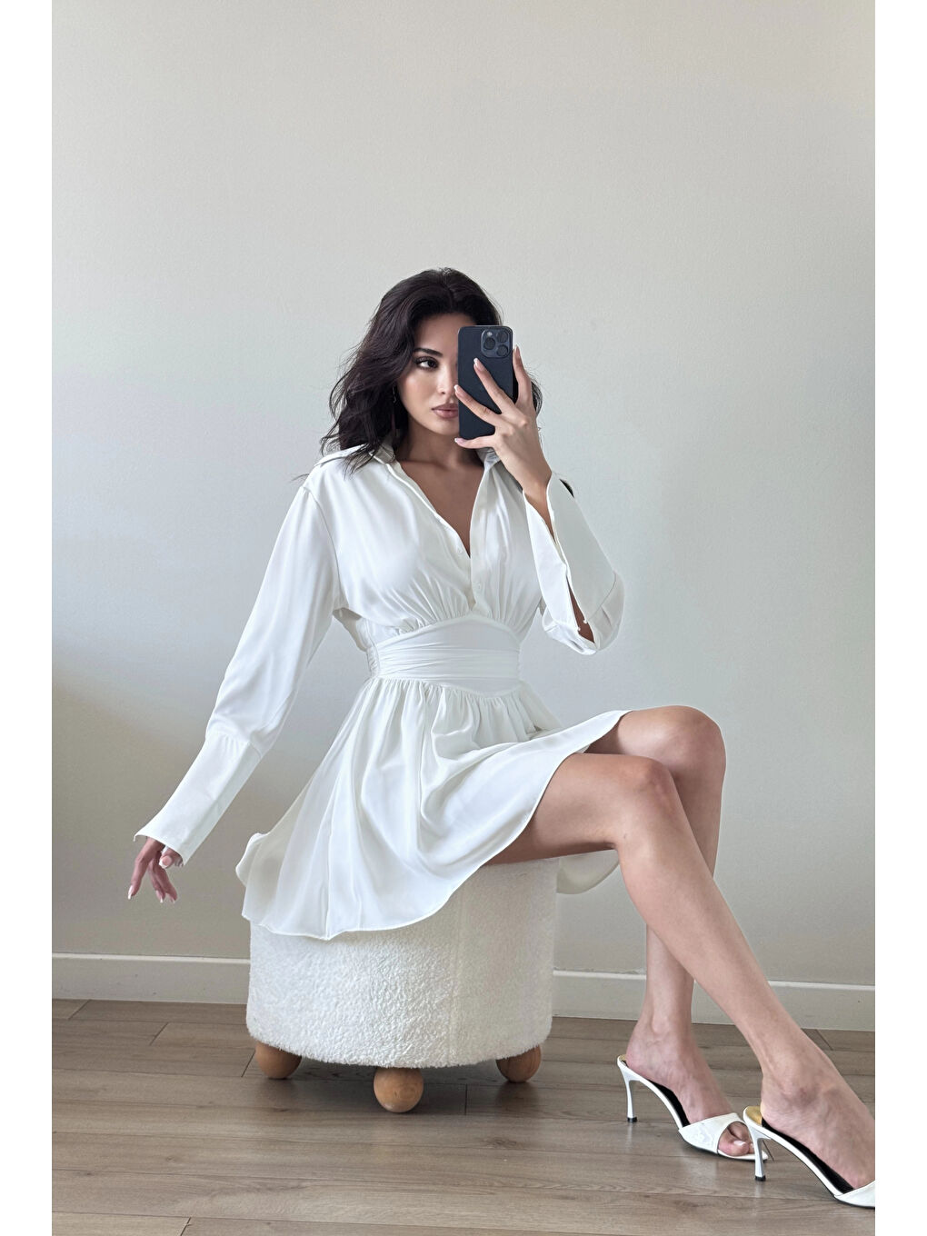 Kadın Beyaz Gömlek Elbise 1041-2677-3