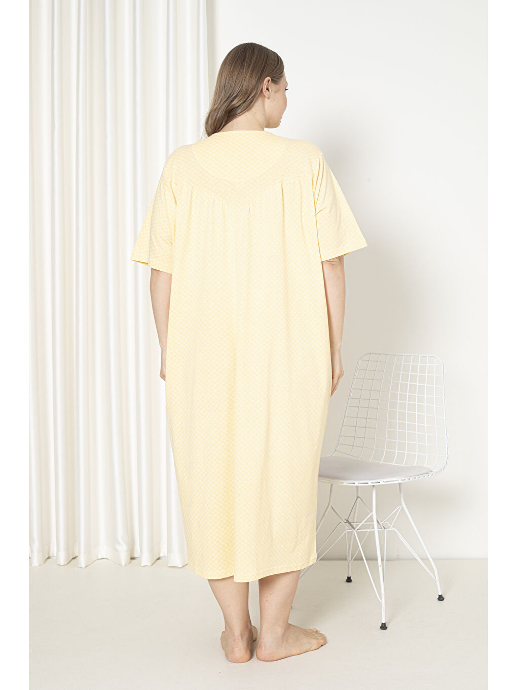 Sarı %100 Pamuklu Penye Kısa Kol Büyük Beden Anne Geceliği 051-4