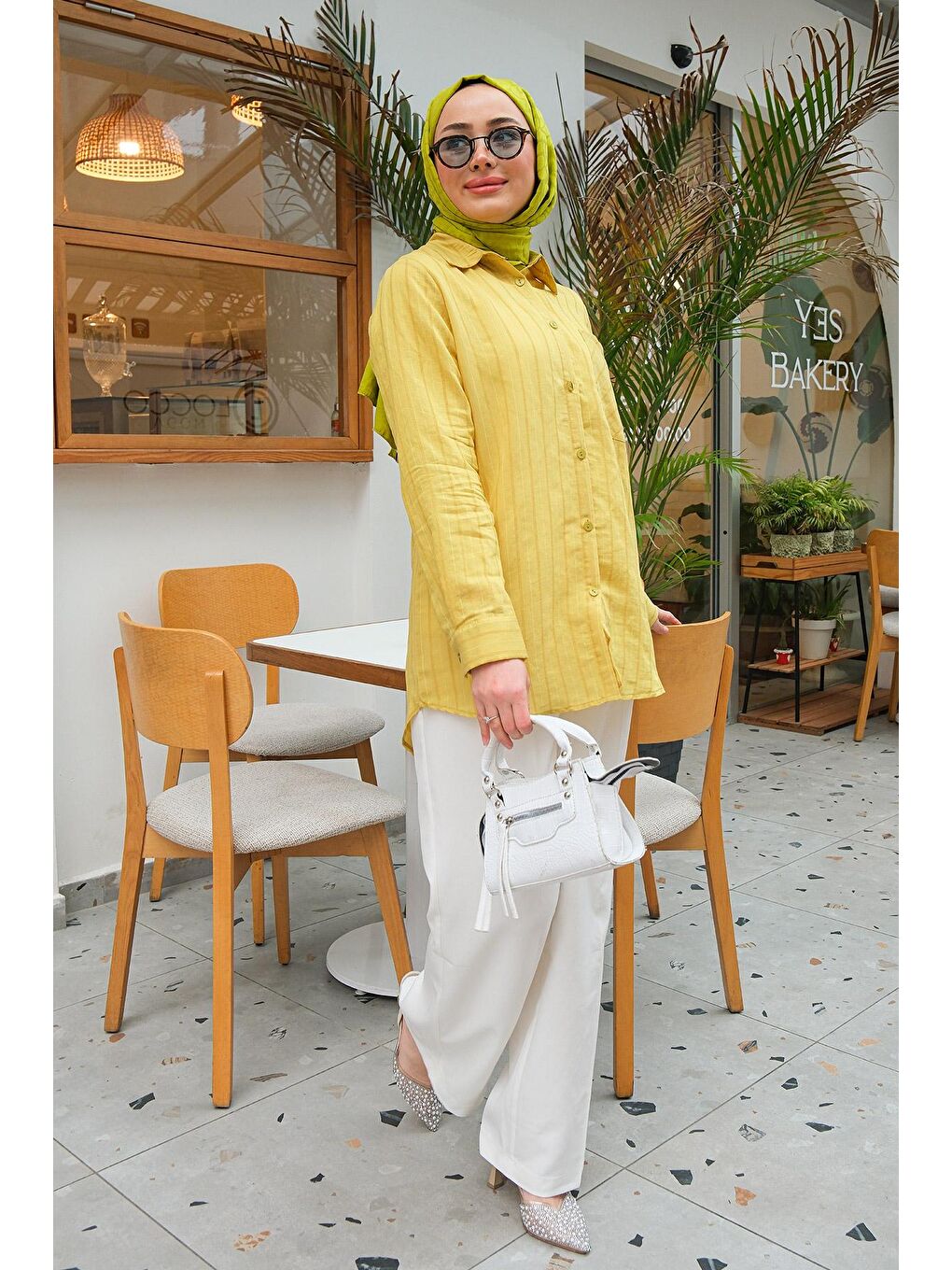 Sarı Tek Cepli Çizgili Gömlek Hardal-3