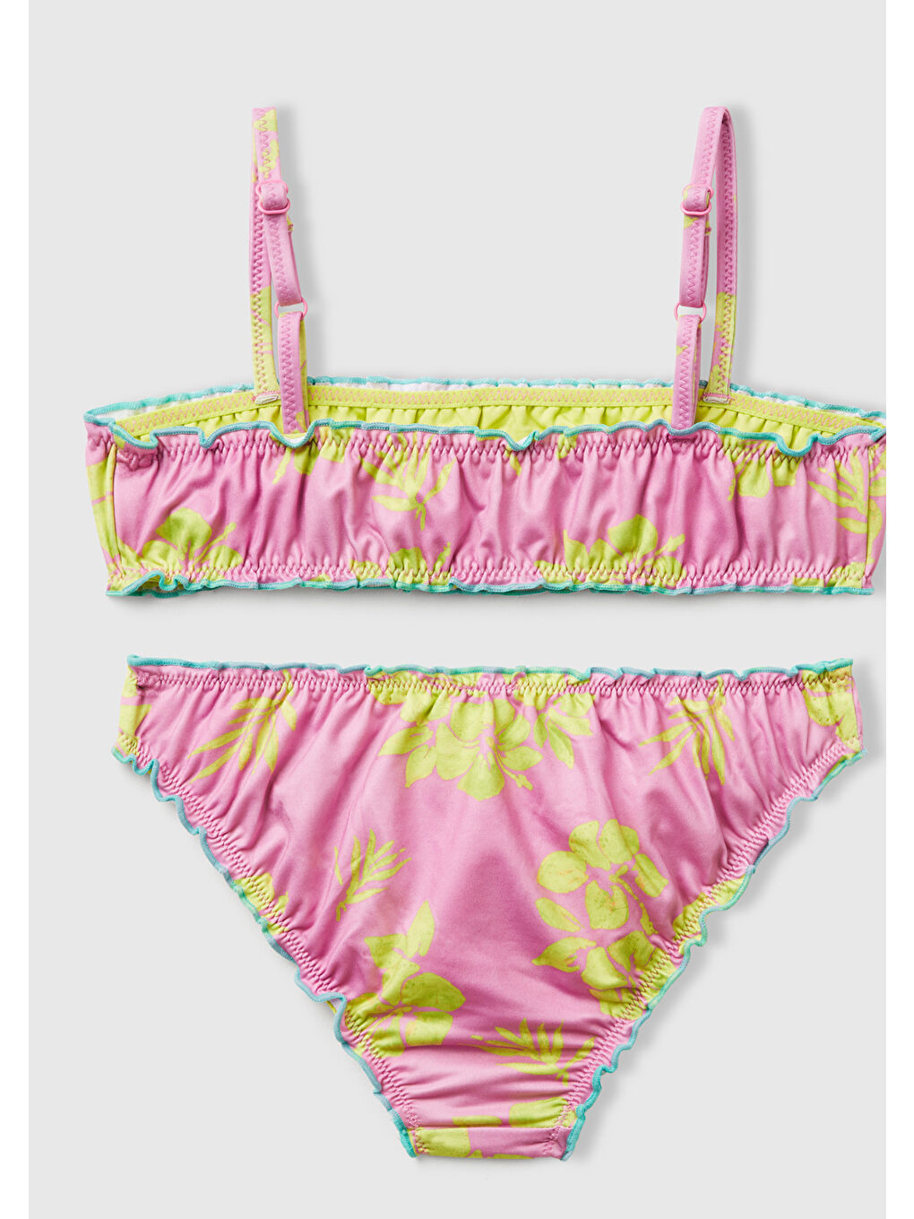 Kız Çocuk Pembe Desenli Fırfır Detaylı Ayarlanabilir Askılı Bikini Takımı-1