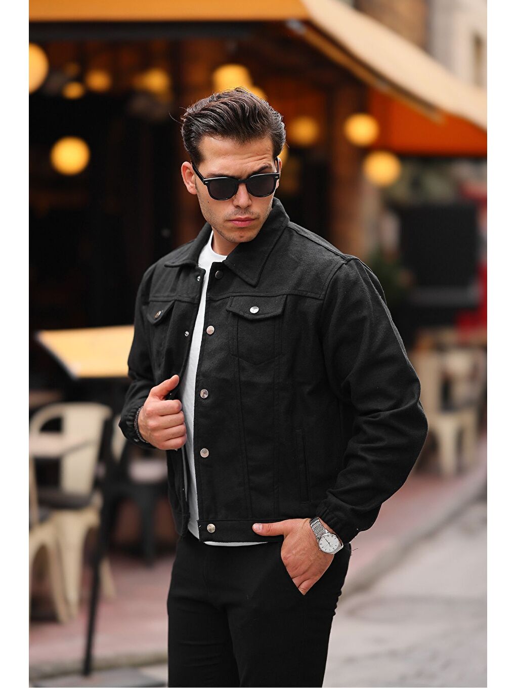Erkek Oversize Rahat Mevsimlik Siyah Kaşe Ceket-2