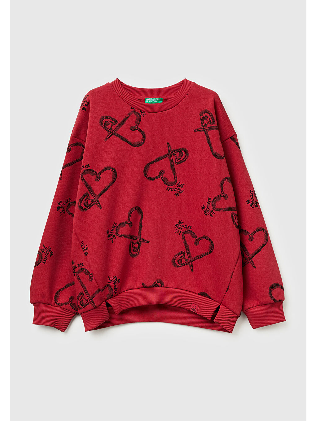 Kız Çocuk Kırmızı-Gri Tamamı Baskılı Logo Etiketi Detaylı Yırtmaçlı Sweatshirt