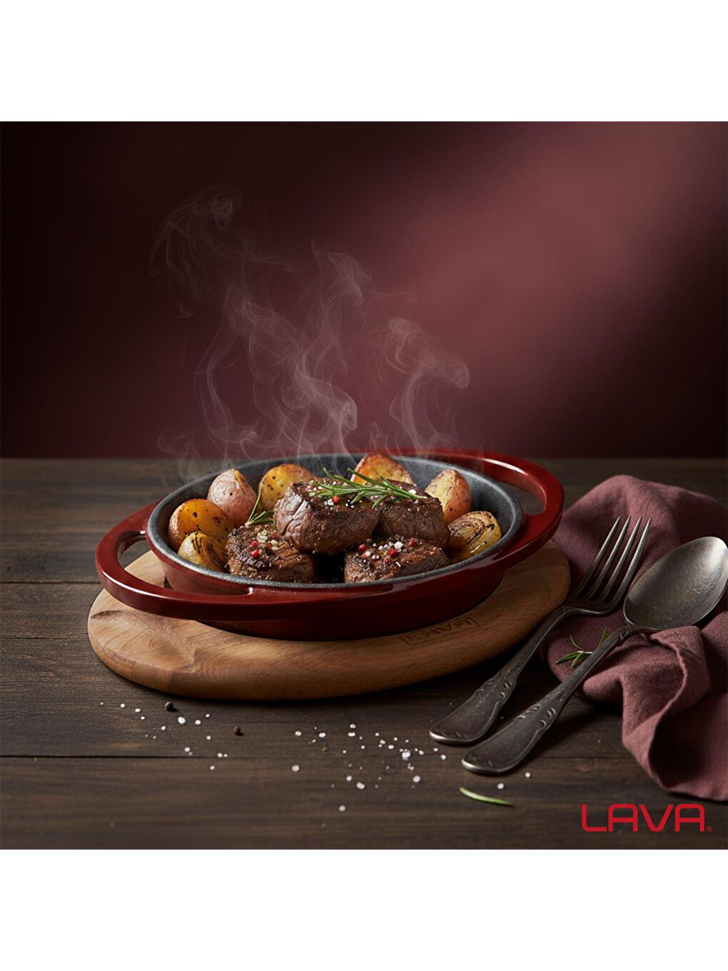 Bordo Yuvarlak Sahan Döküm Demir Yekpare Çift Kulplu Kayın Servis Ahşabı Çap(Ø)12cm.-6