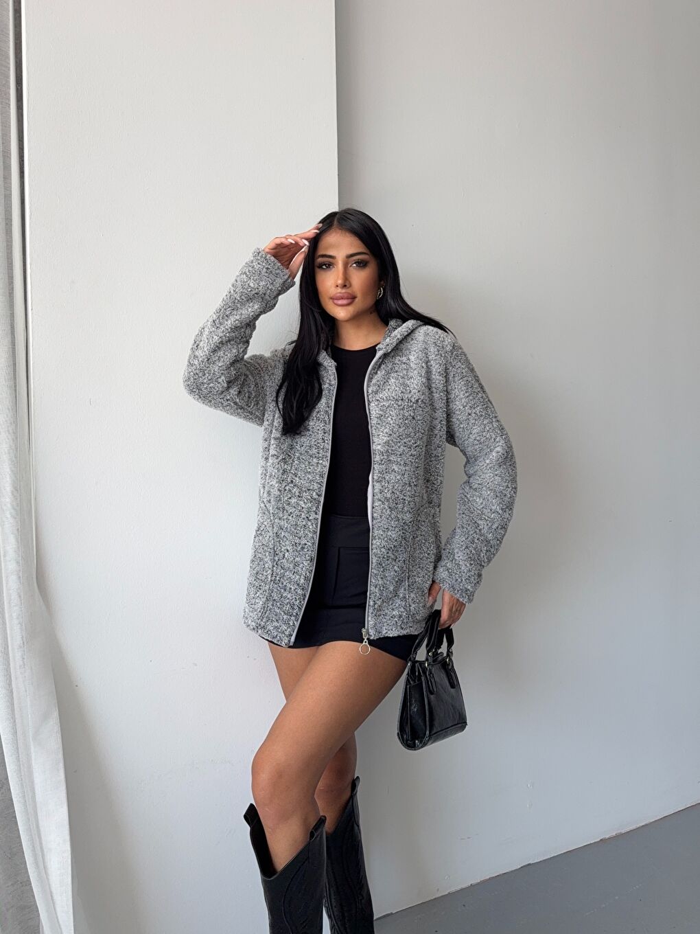 Fermuarlı Kapüşonlu Gri Polar Sweatshirt-3