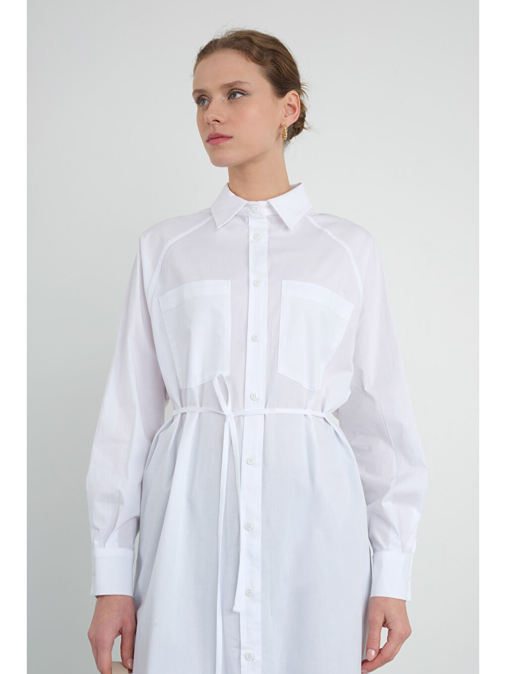 Çift Cepli Uzun Gömlek Beyaz-4