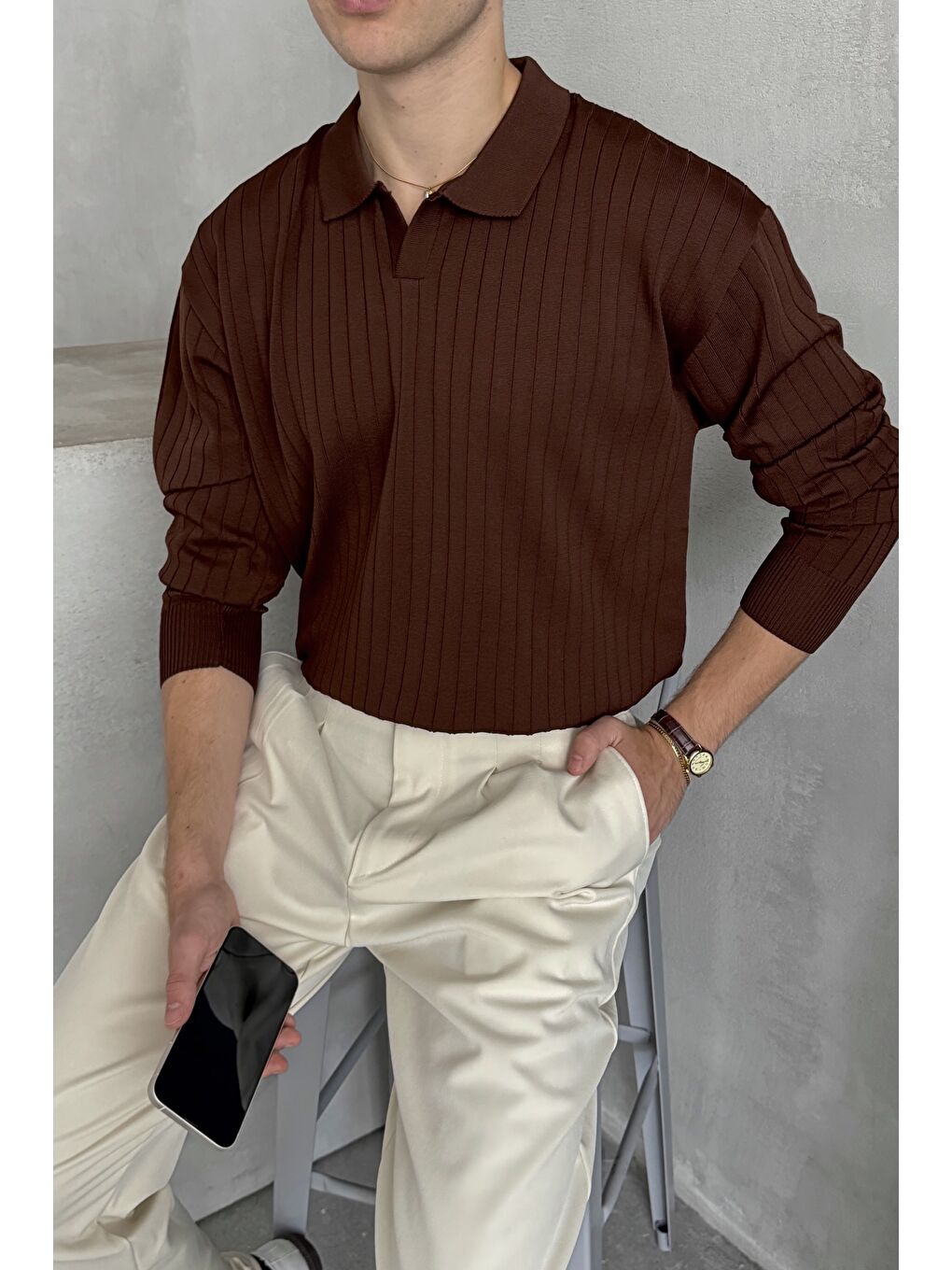 Kahverengi Erkek Polo Yaka Fitilli Oversize Triko Kazak-2