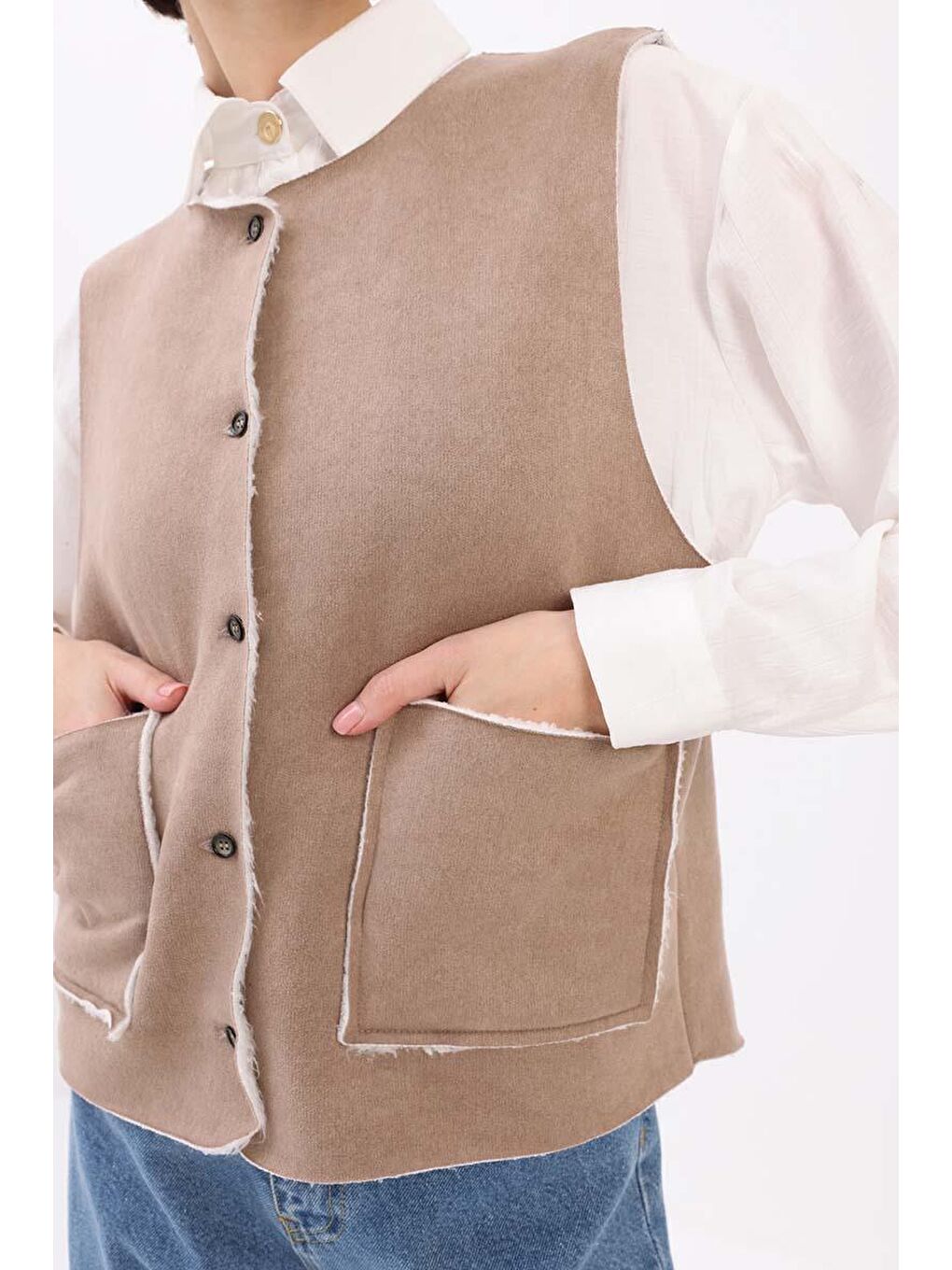 Bej Vizon-Cepli Kısa Yelek-4