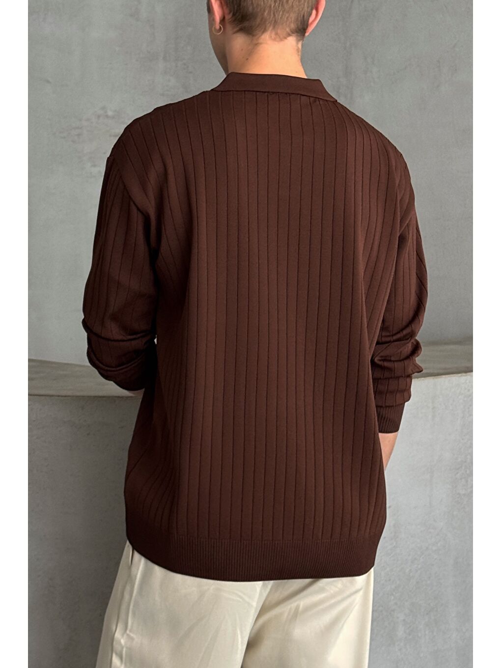 Kahverengi Erkek Polo Yaka Fitilli Oversize Triko Kazak-3