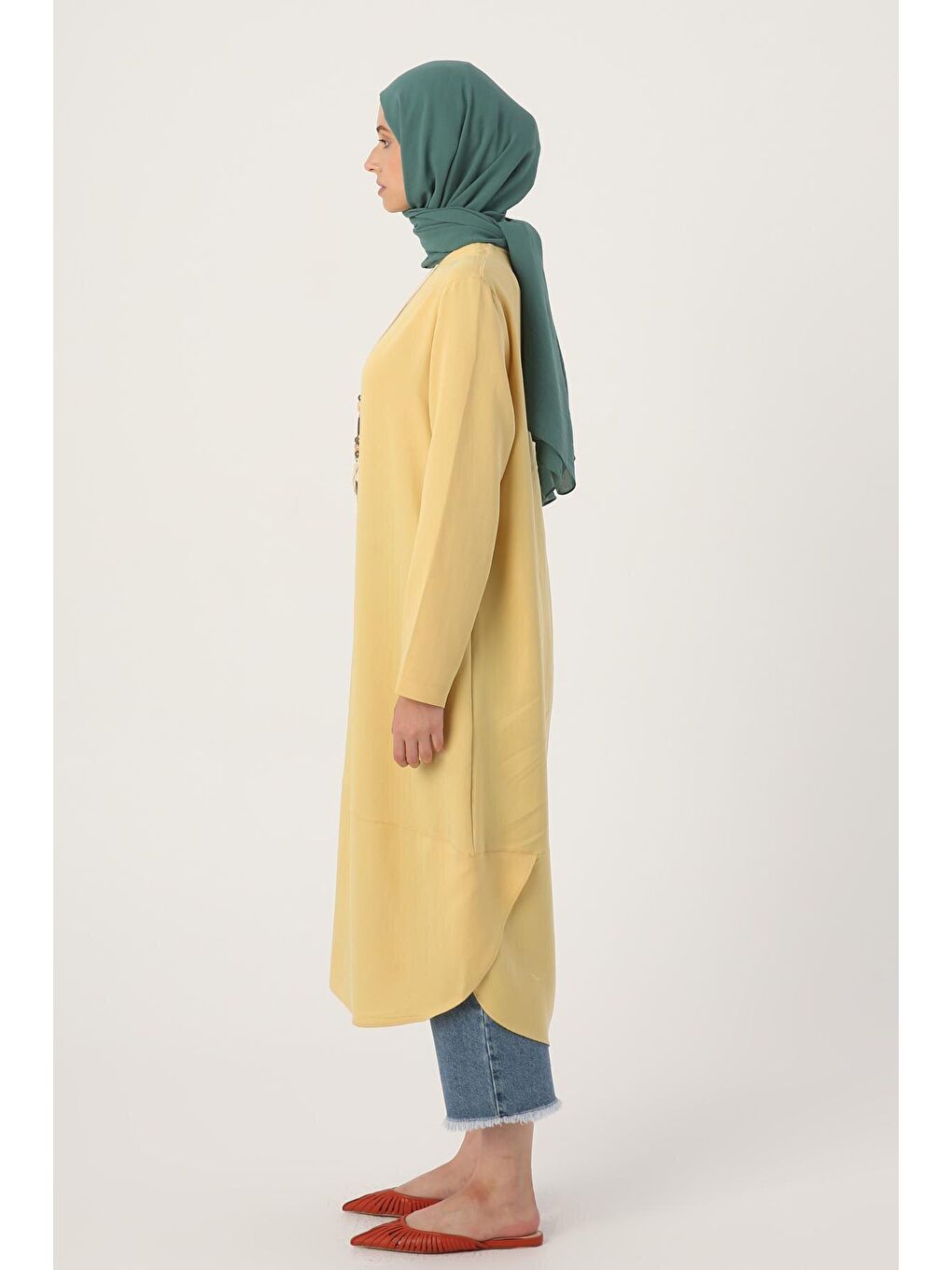 Sarı Asimetrik Kolyeli Uzun Tunik-2